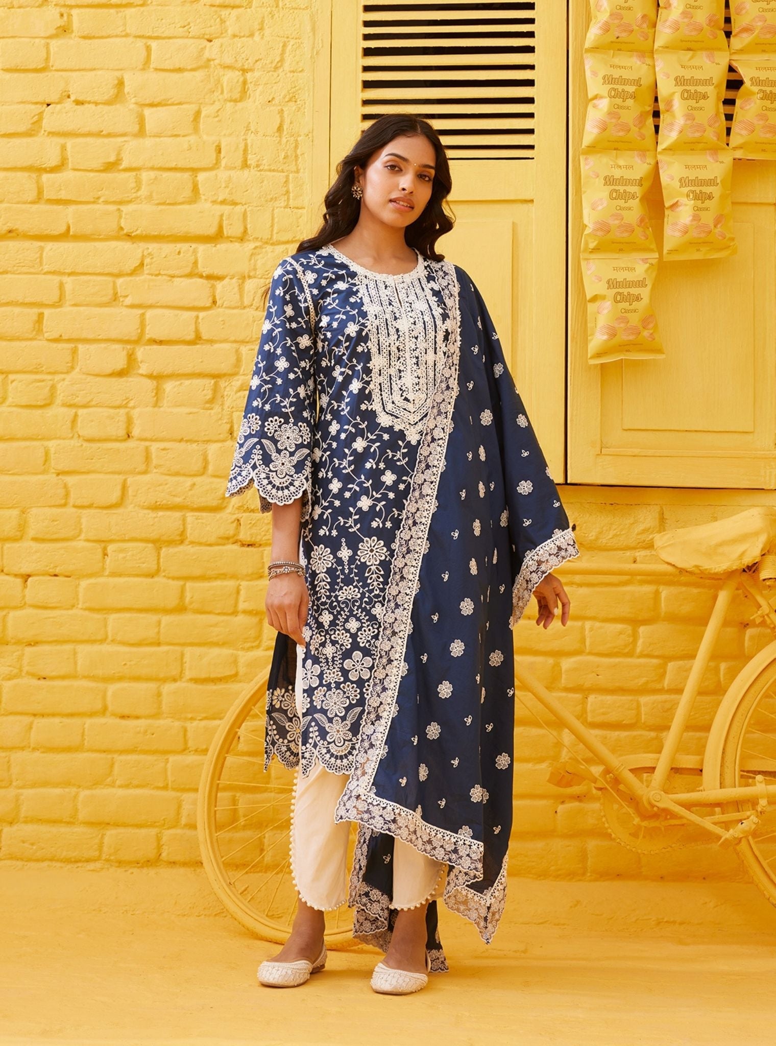 Mulmul Cotton Gauri Navy Kurta