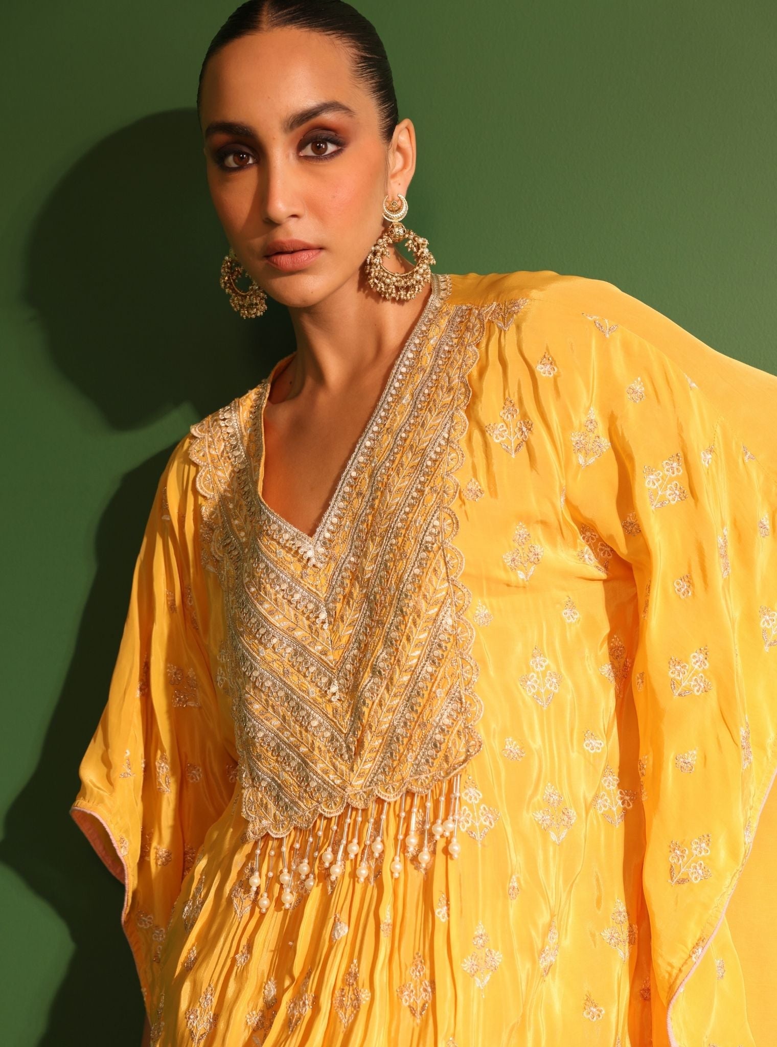 Mulmul Crepe Janam Yellow Kaftan With Mulmul Pima Satin Janam Yellow Pant