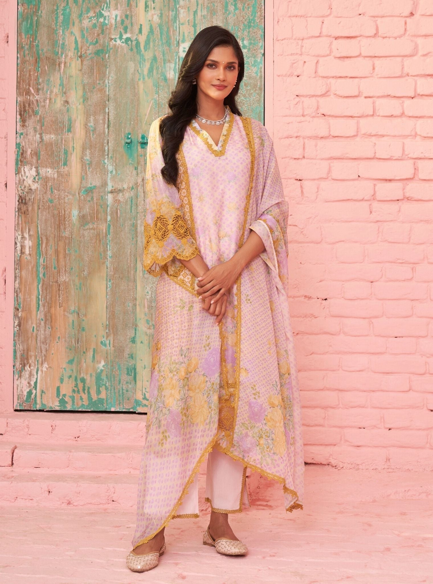 Mulmul Organza Printed Astoria Pink Kurta With Mulmul Cotton Astoria Pink Pant