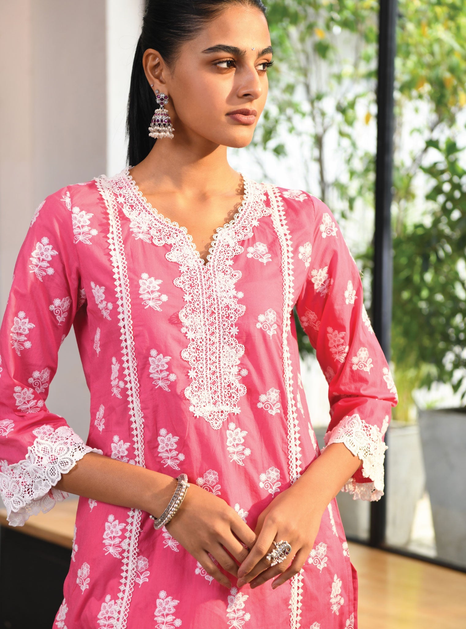 Mulmul Cotton Lisburn Fuchsia Kurta With Lisburn Fuchsia Pant