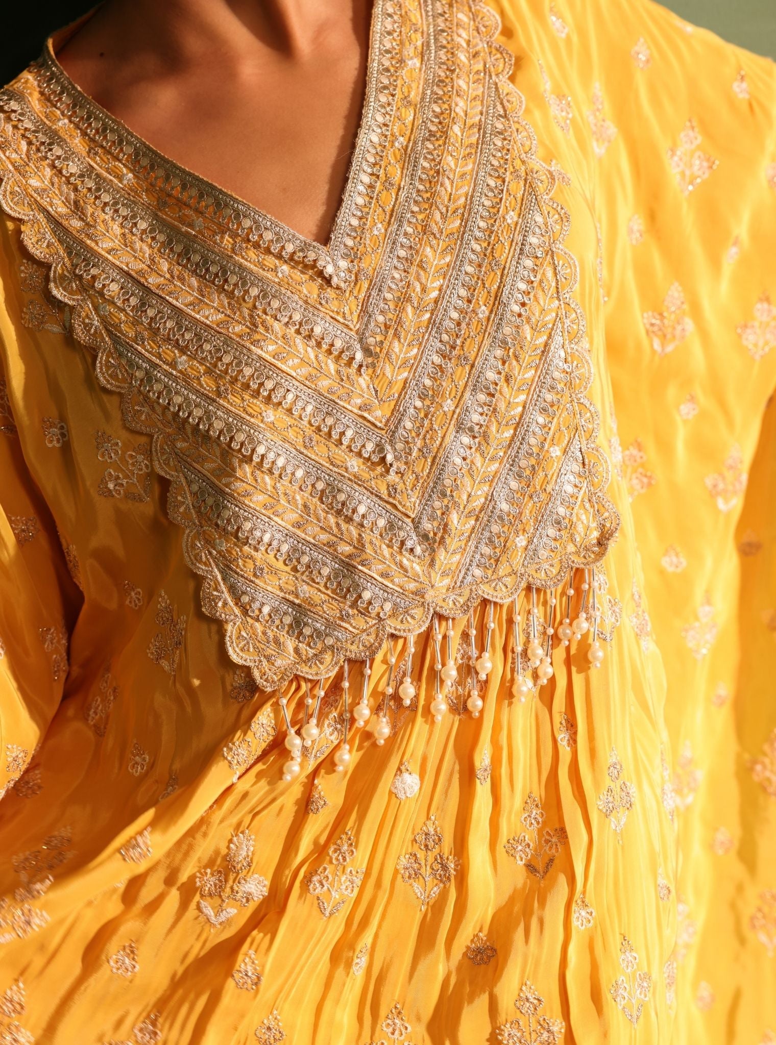 Mulmul Crepe Janam Yellow Kaftan With Mulmul Pima Satin Janam Yellow Pant