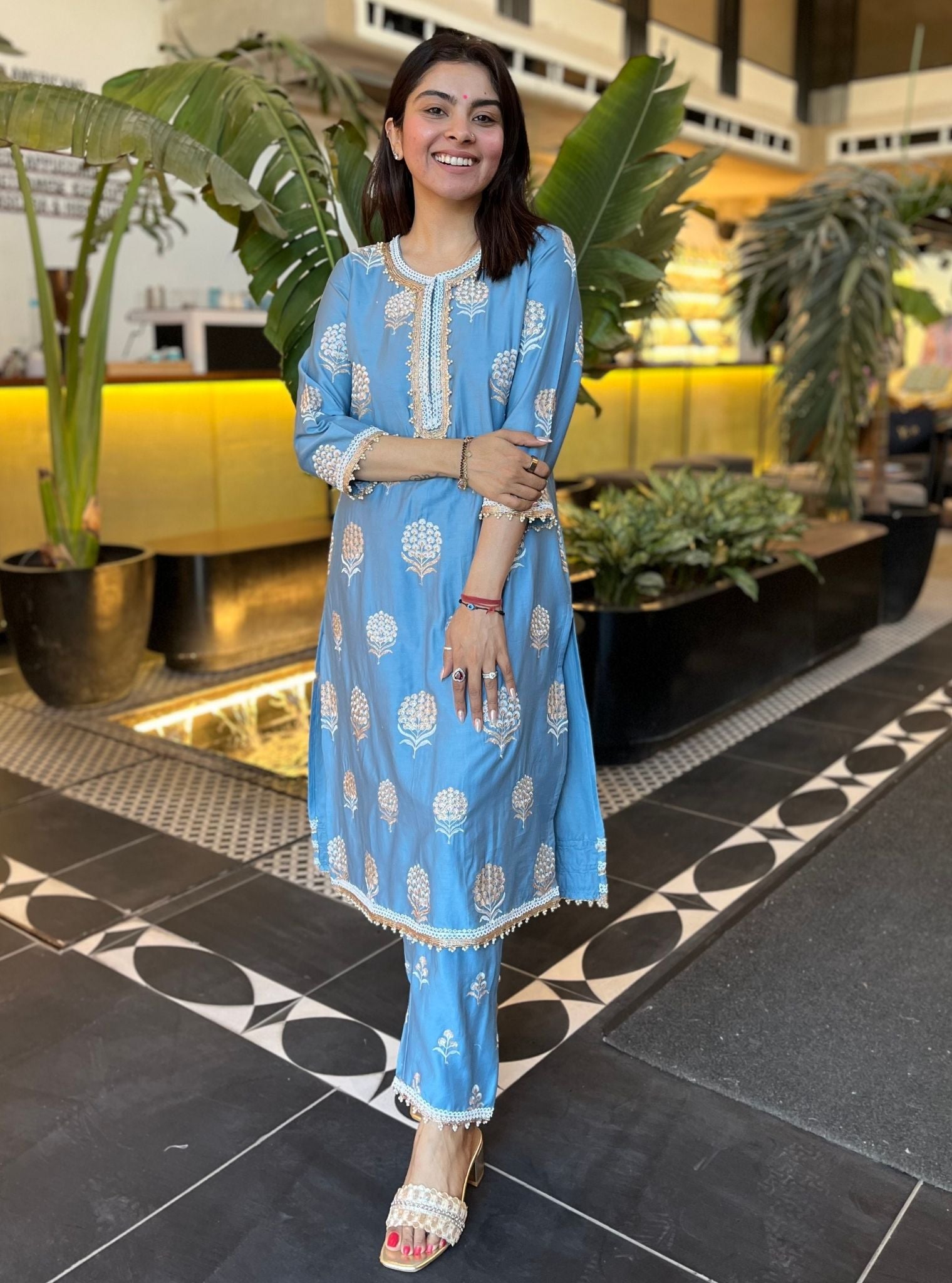 Mulmul Supima satin Amira Blue Kurta With Mulmul Amira Blue Pant