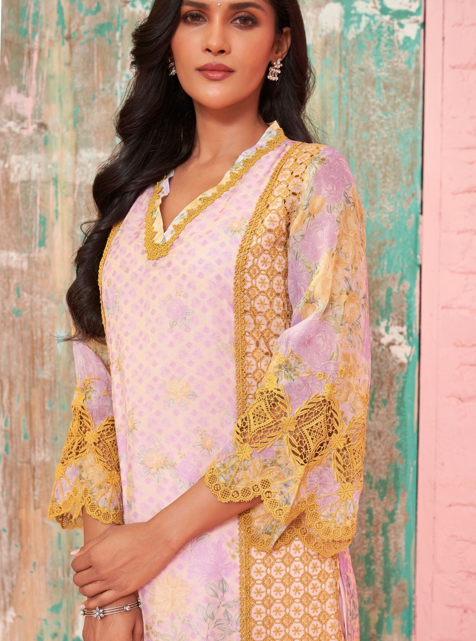 Mulmul Organza Printed Astoria Pink Kurta With Mulmul Cotton Astoria Pink Pant