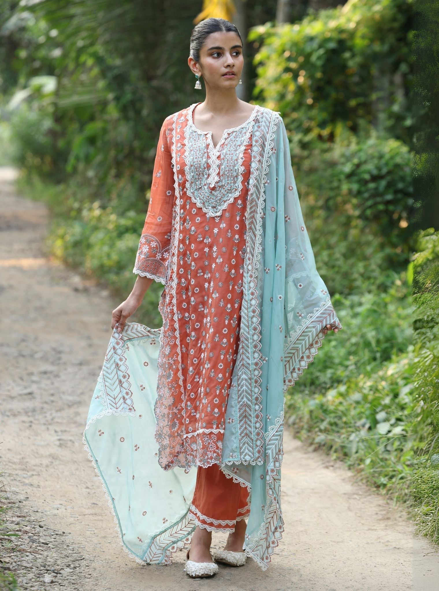 Mulmul Organza Kovalam Terracotta Kurta With Mulmul Cotton Kovalam Terracotta Pant