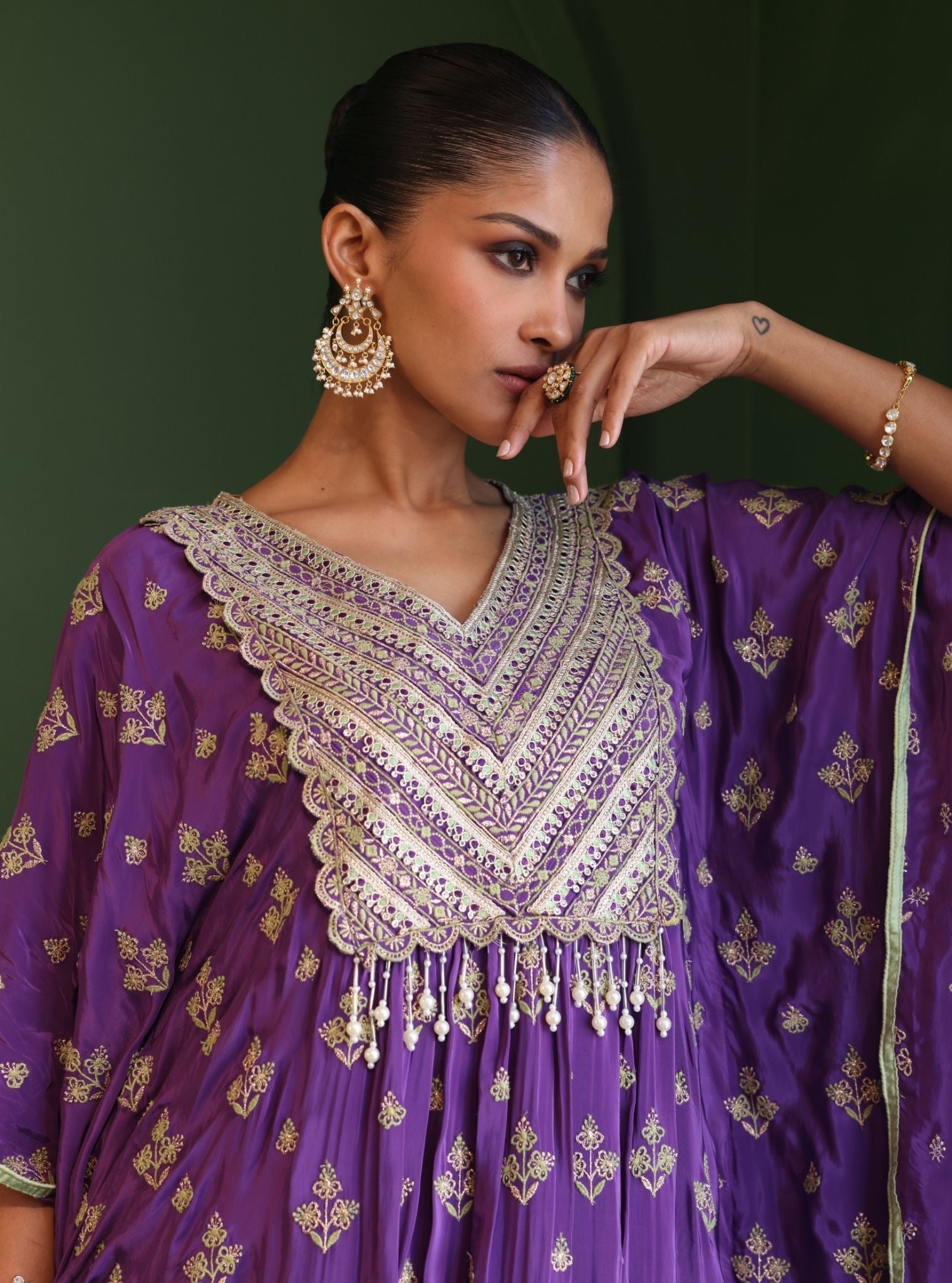 Mulmul Crepe Janam Purple Kaftan With Mulmul Pima Satin Janam Purple Pant