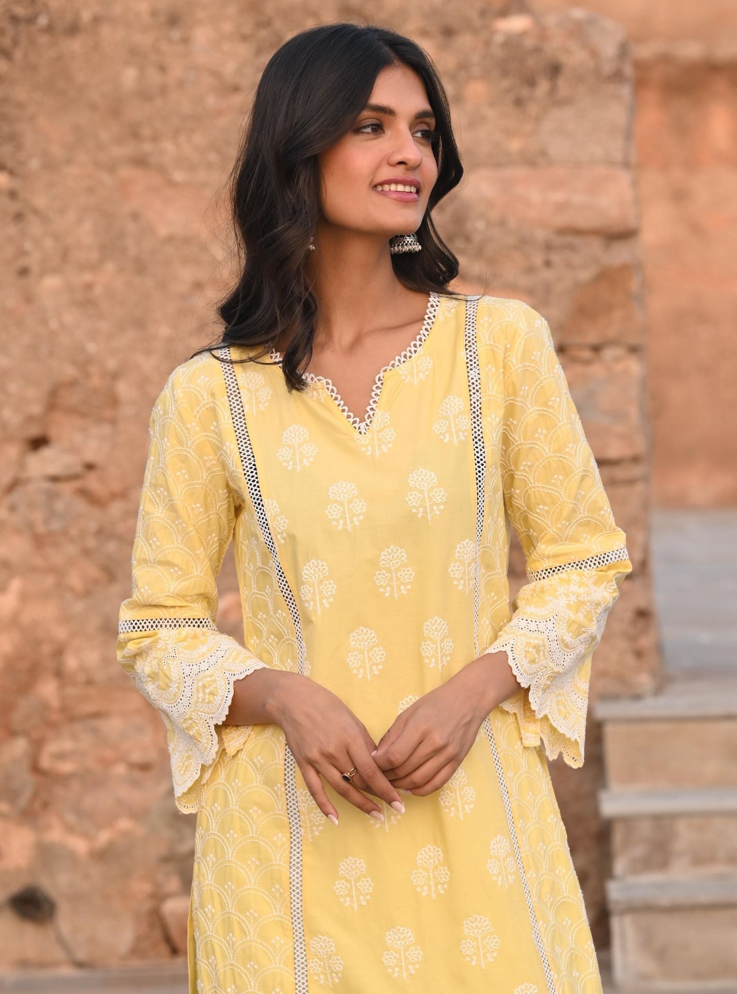 Mulmul Supima Satin Blair Yellow Kurta With Multi Lace Slim White Pant