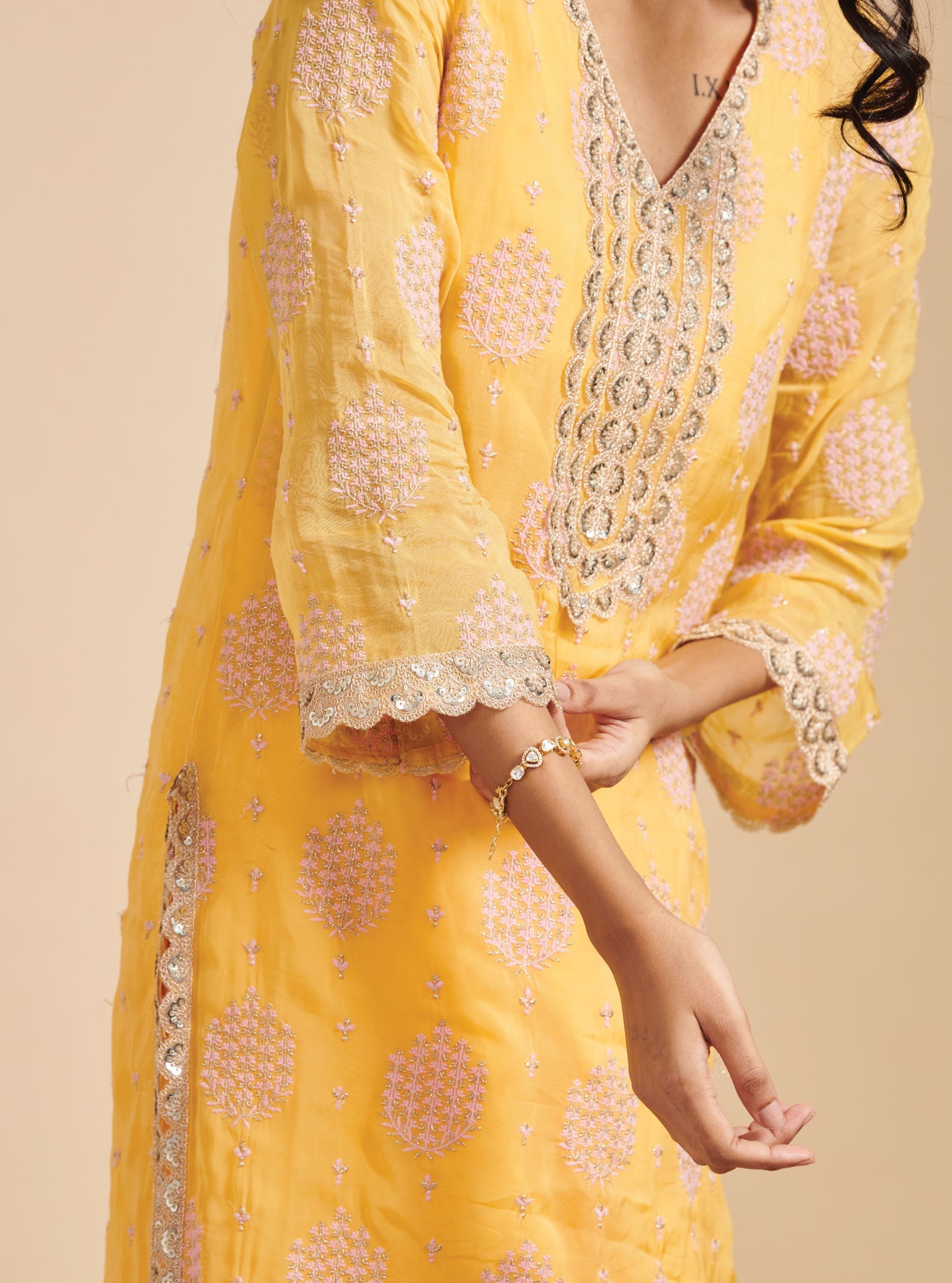 Mulmul Organza Shagna Yellow Kurta With Mulmul Pima Shagna Yellow Pant