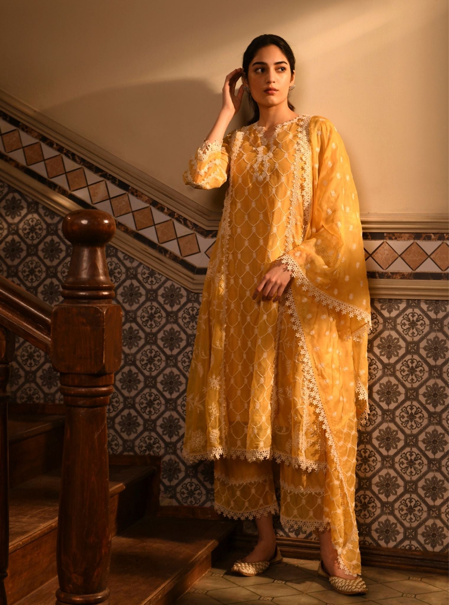 Mulmul Organza Barsin Yellow Anarkali Kurta With Mulmul Cotton Barsin Yellow Pant