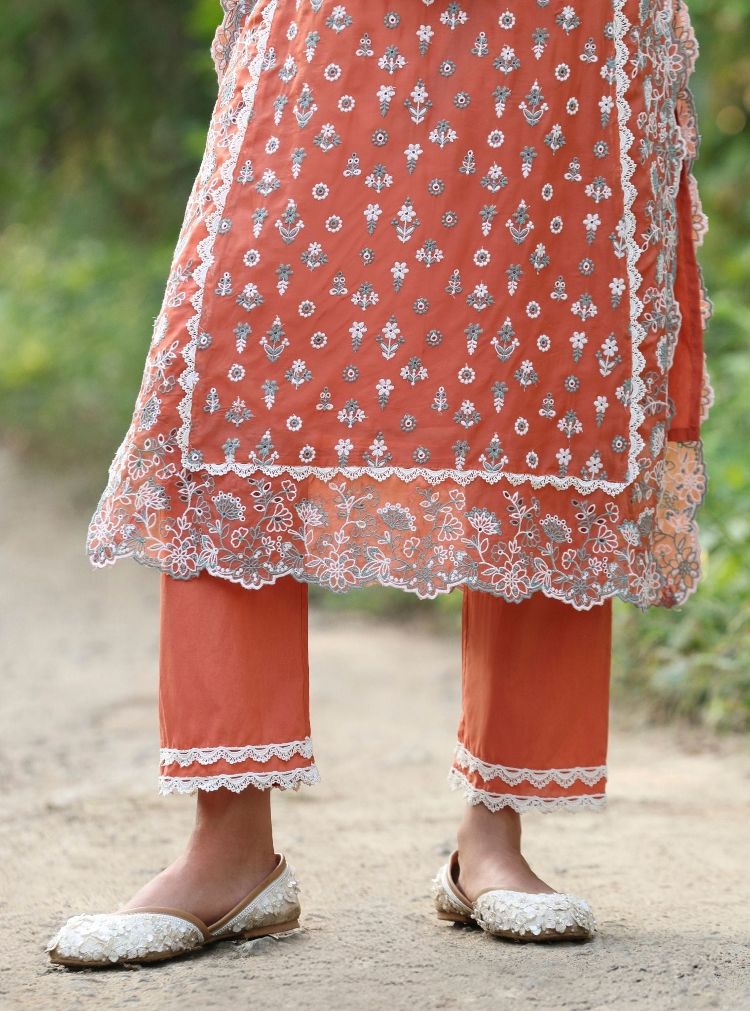 Mulmul Organza Kovalam Terracotta Kurta With Mulmul Cotton Kovalam Terracotta Pant