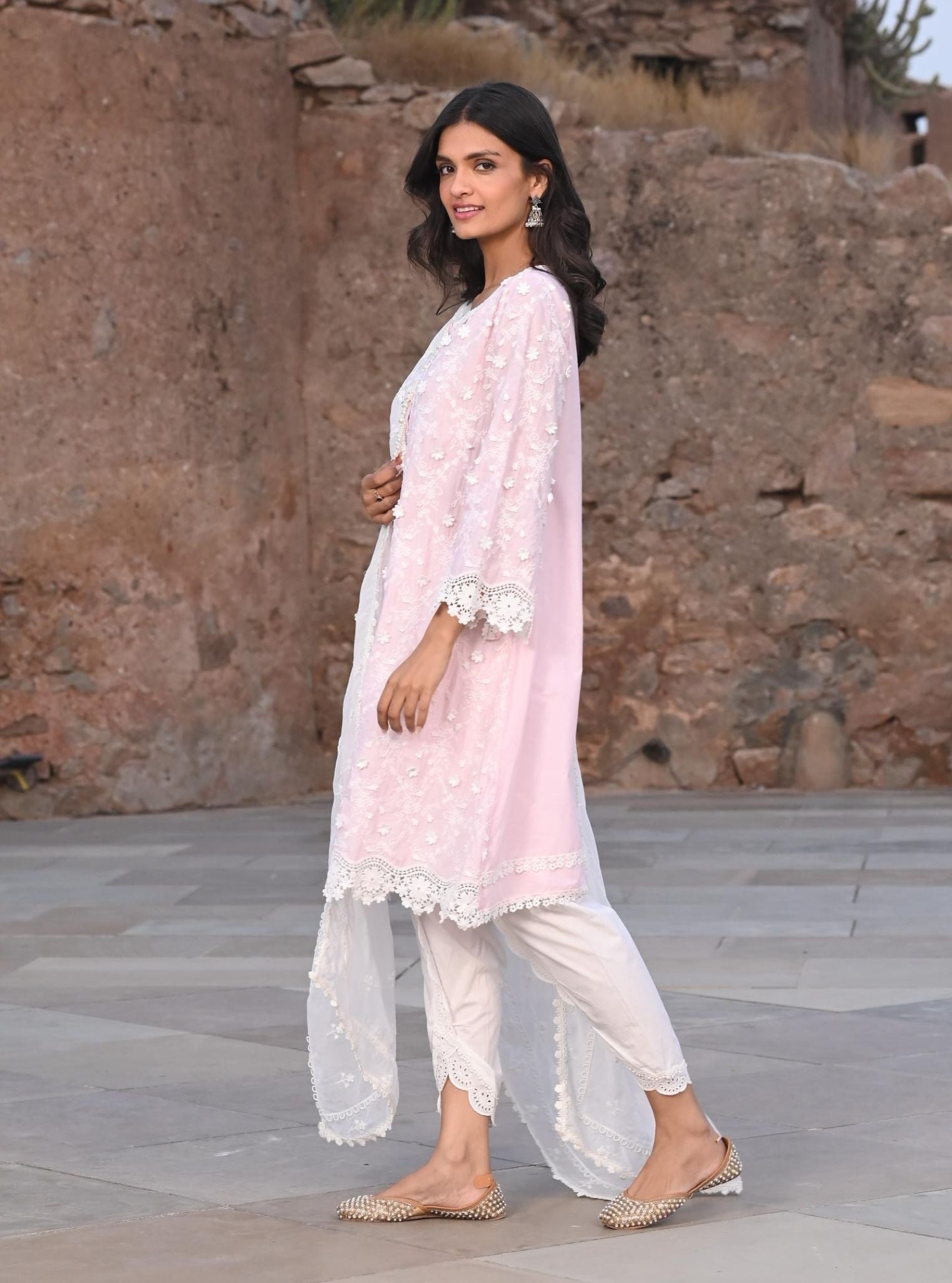 Mulmul Cotton BayBreeze Pink Kurta With Border White Dhoti Pant