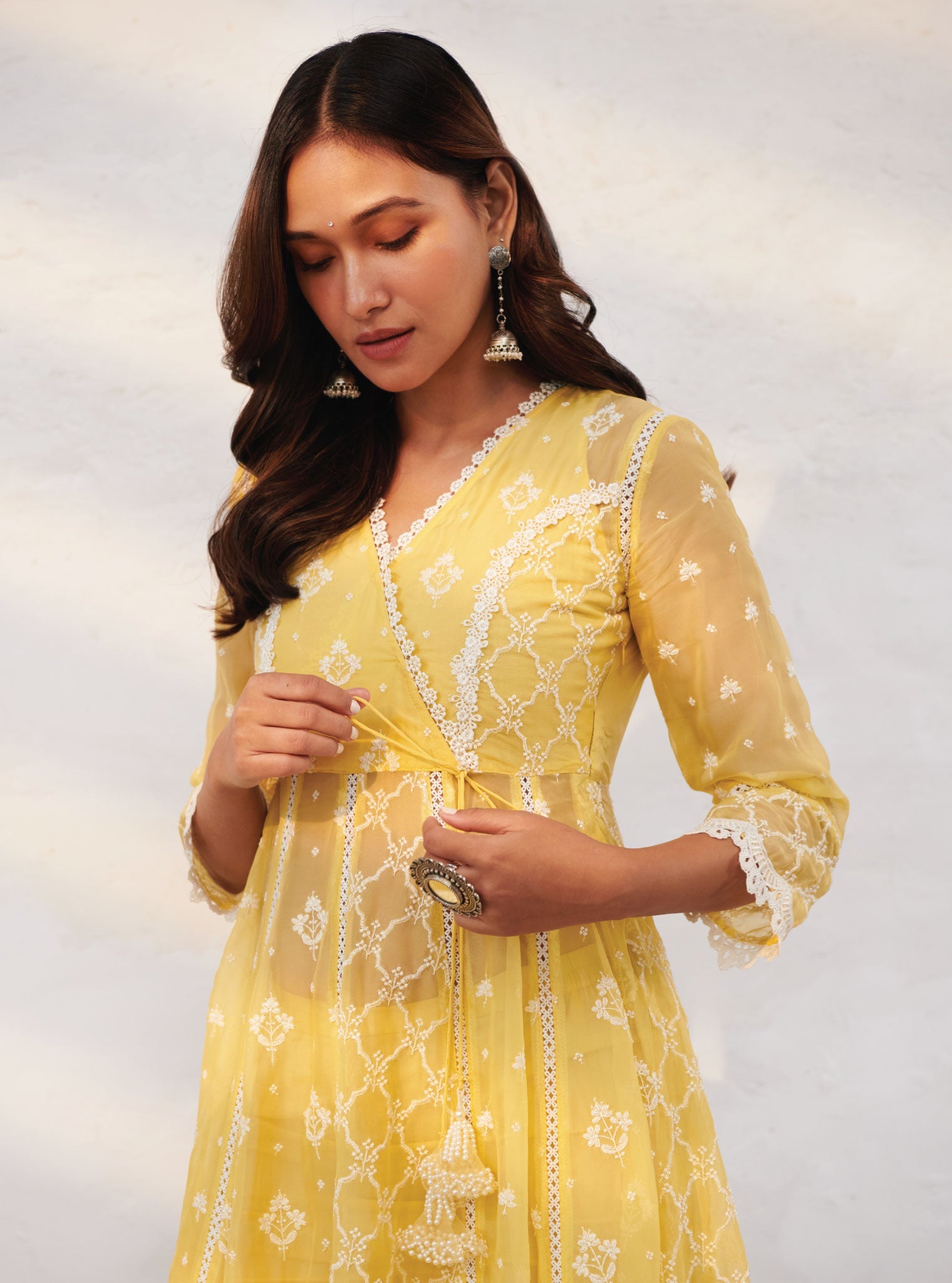 Mulmul Organza Morey Yellow Anarkali Kurta With Cotton Morey Yellow Pant