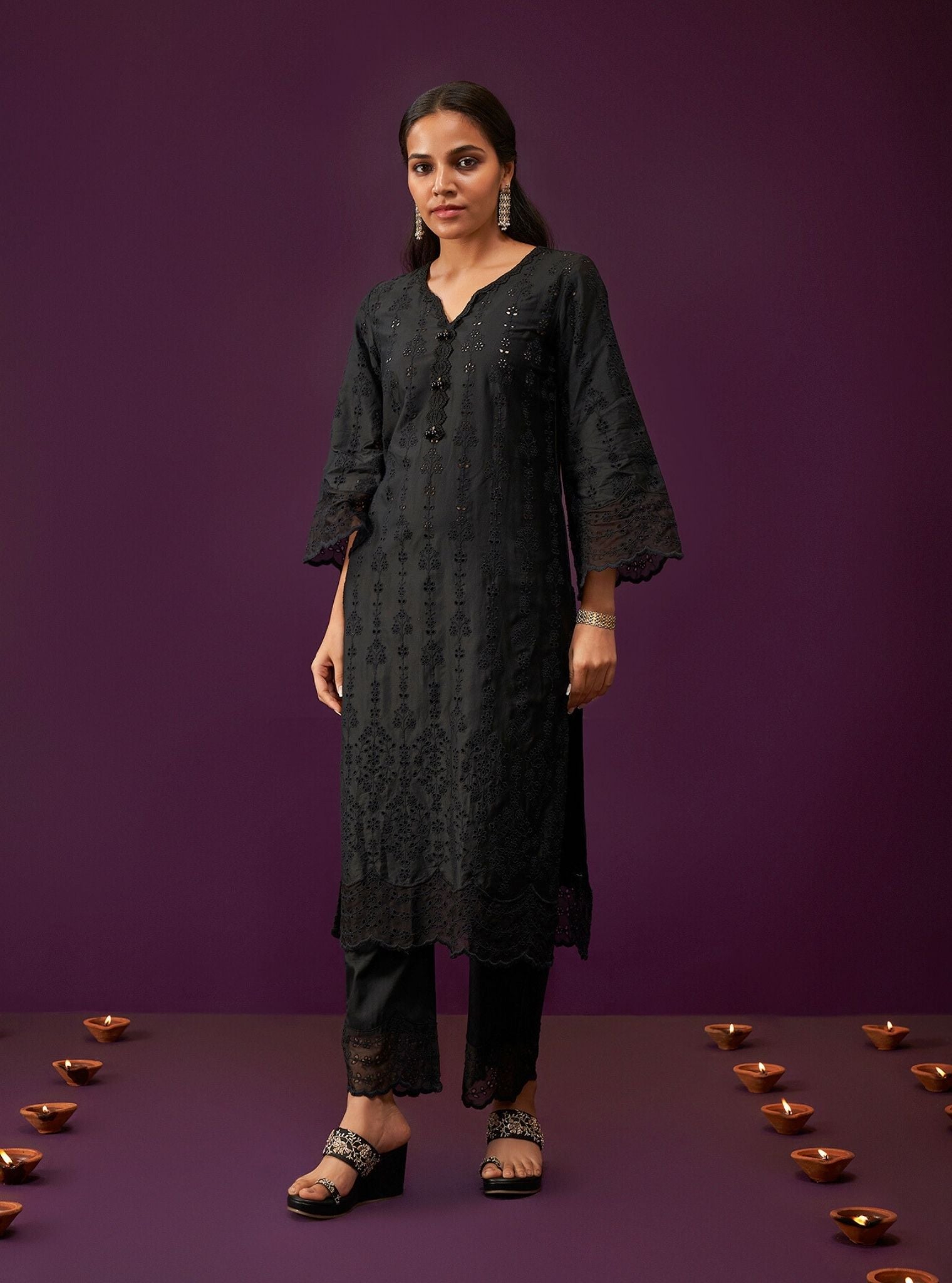 Mulmul Pima Satin Madee Black Kurta With Mulmul Pima Satin Madee Black Pant