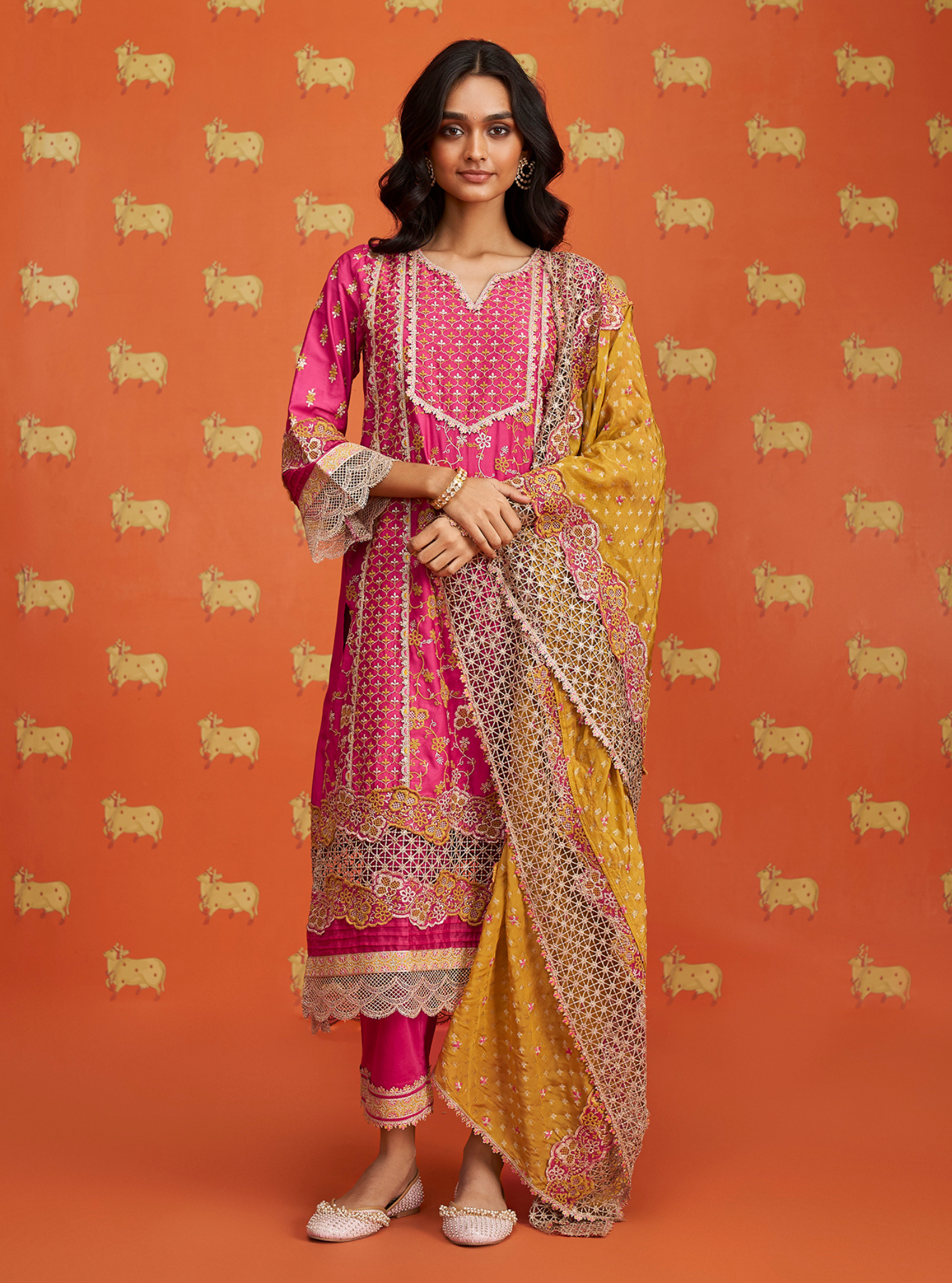 Mulmul Pima Satin Anchali Fuschia Kurta With Mulmul Pima Satin Anchali Fuschia Pant