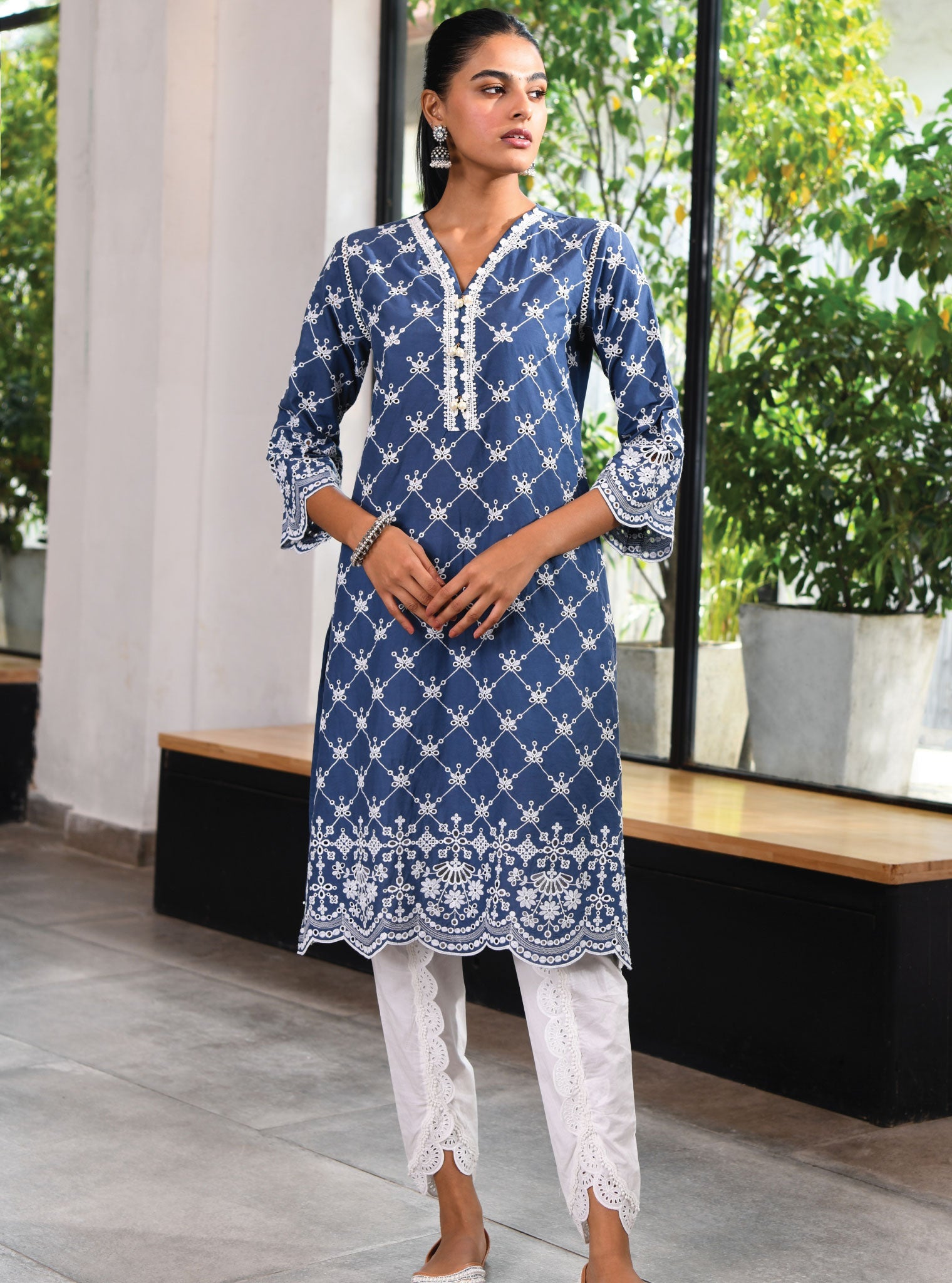 Mulmul Cotton Perth Navy Kurta With Border White Dhoti Pant