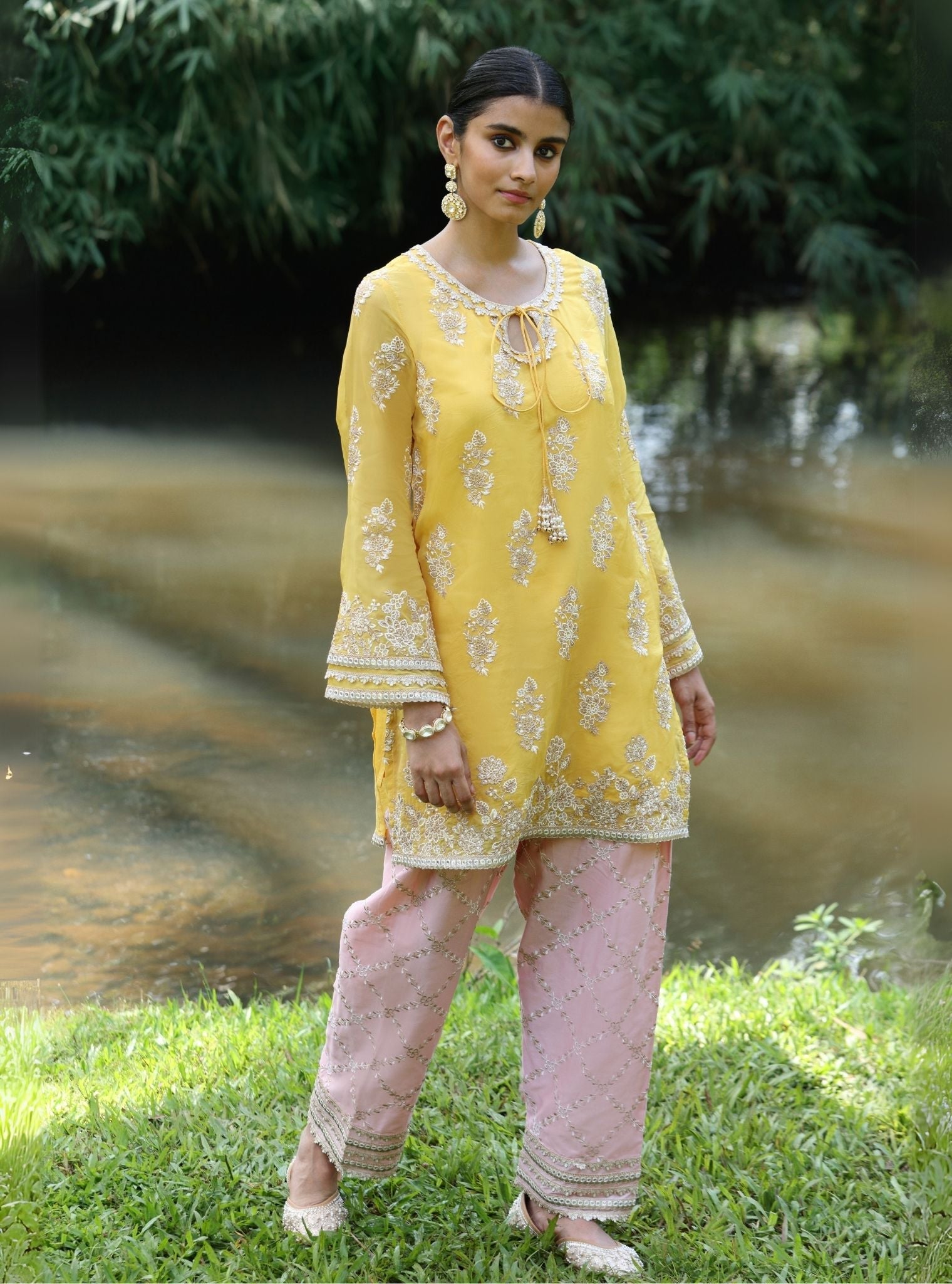 Mulmul Organza Khwab Yellow Kurta With Mulmul Pima Satin Khwab Pink Pant