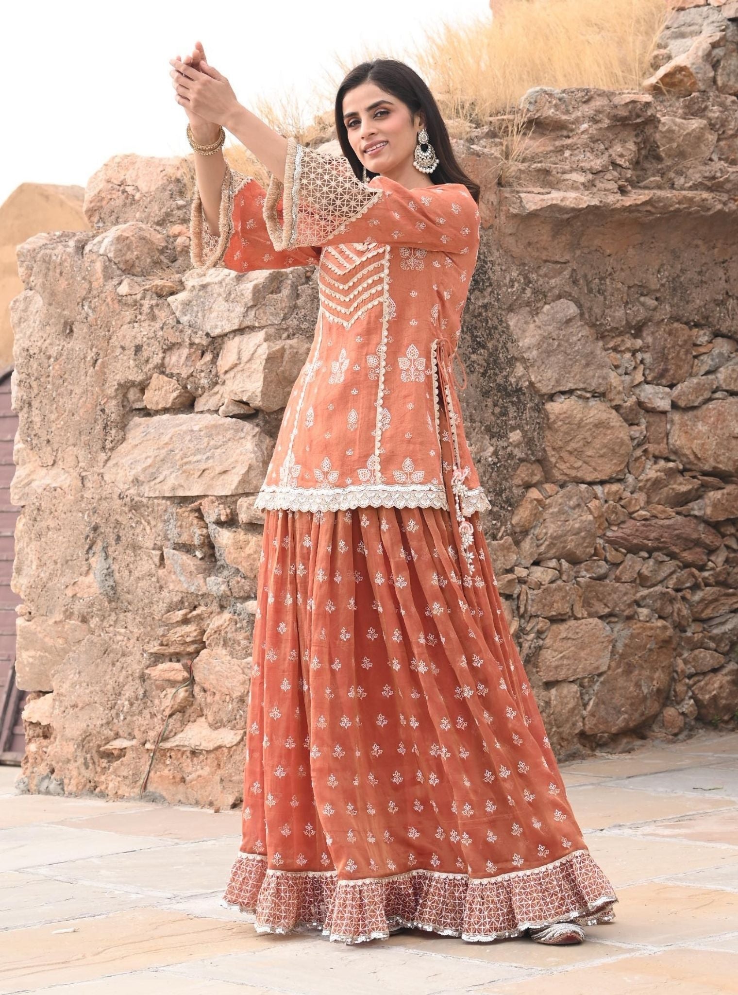 Mulmul Luxe Tissue Satin Lamhe Burnt Orange Kurta with Mulmul Luxe Tissue Lamhe Burnt Orange Skirt