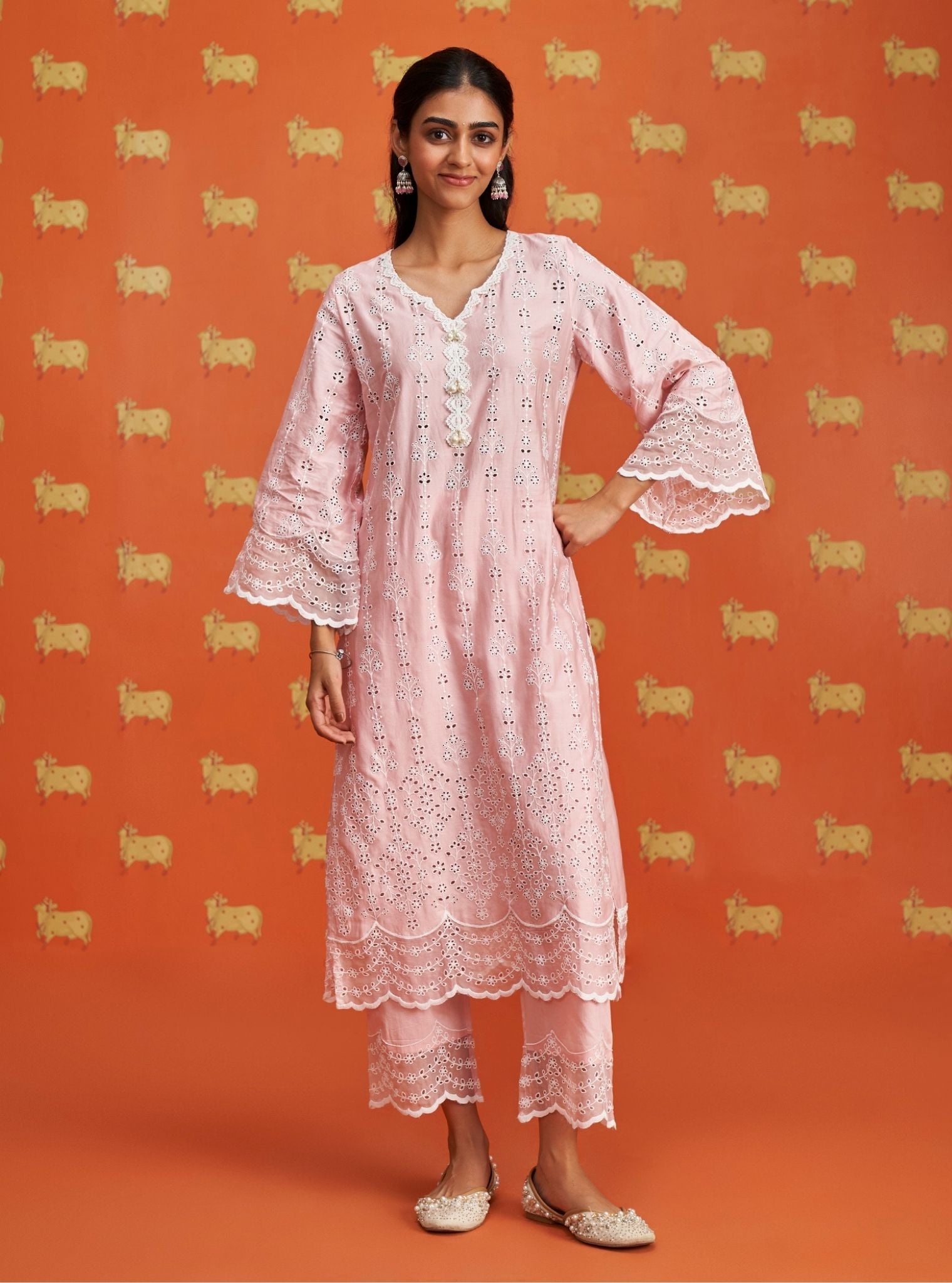 Mulmul Pima Satin Madee Pink Kurta With Mulmul Pima Satin Madee Pink Pant