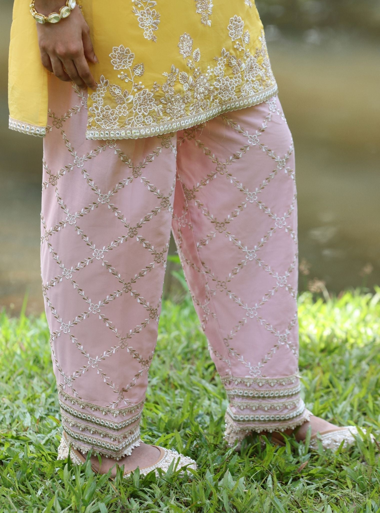 Mulmul Organza Khwab Yellow Kurta With Mulmul Pima Satin Khwab Pink Pant