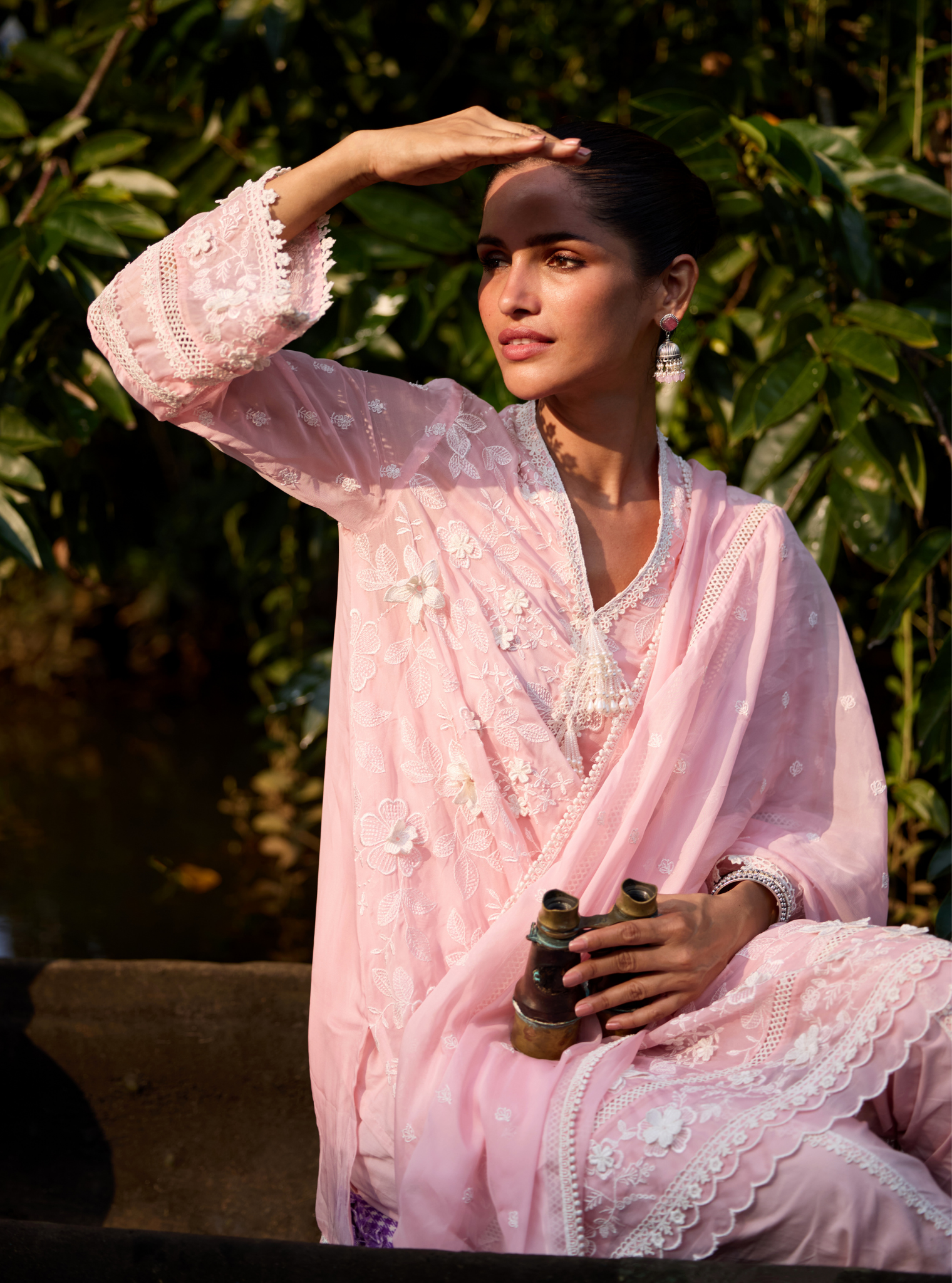 Mulmul Organza Uma Pink Kurta With Mulmul Cotton Uma Pink Dhoti Pant