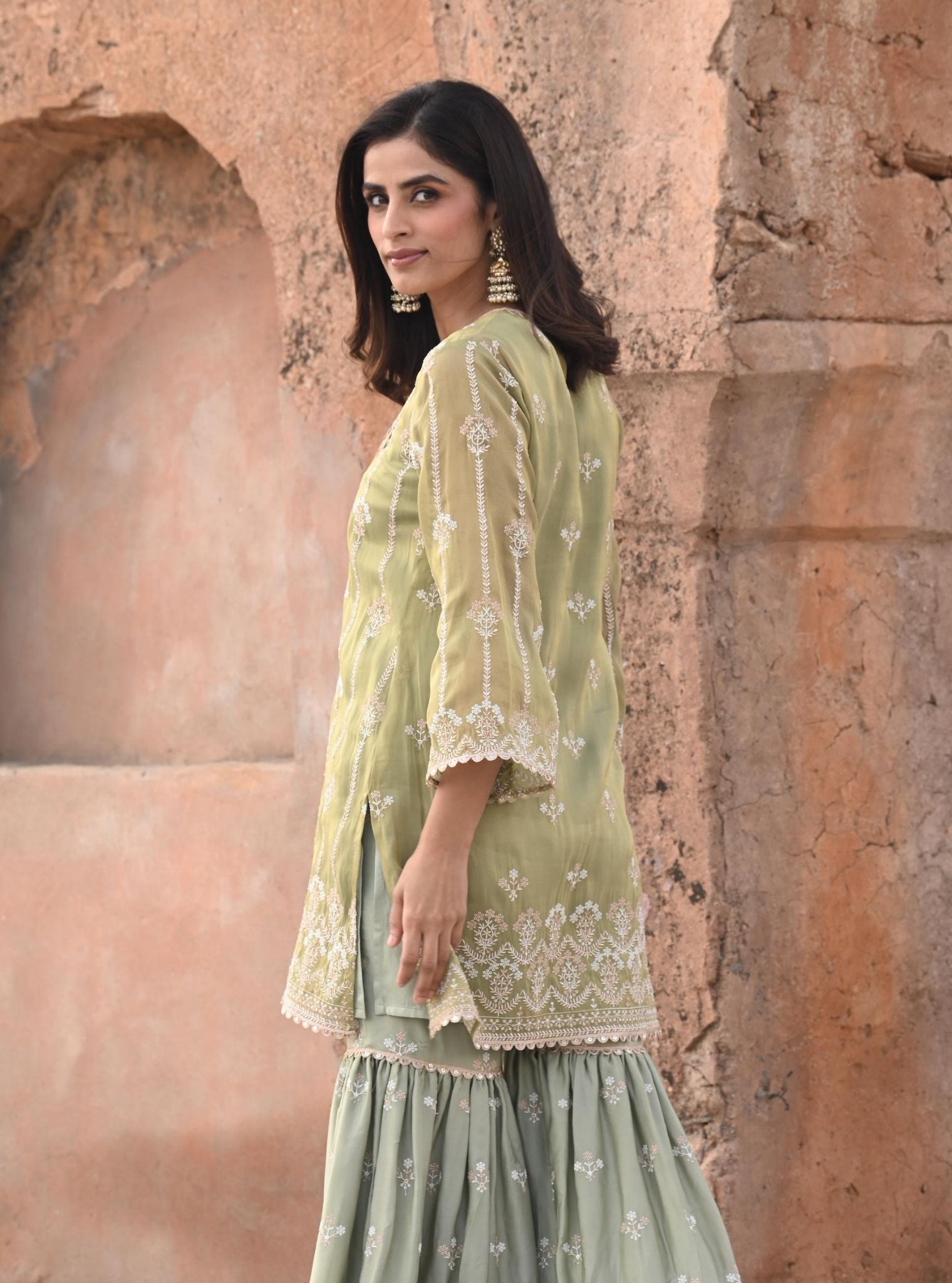 Mulmul Luxe Tissue Heer Sage Green Kurta with Mulmul Organza Satin Heer Sage Green Garara