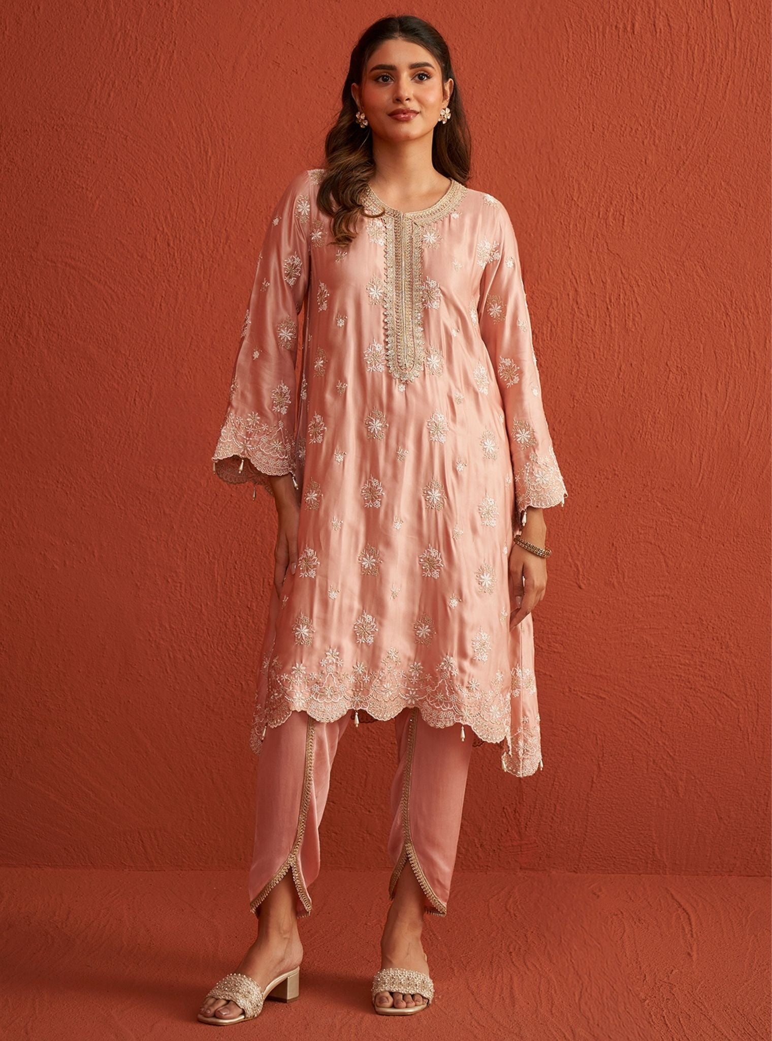 Mulmul Cupro Satin Kangna Pink Kurta With Mulmul Cupro Satin Kangna Pink Pant