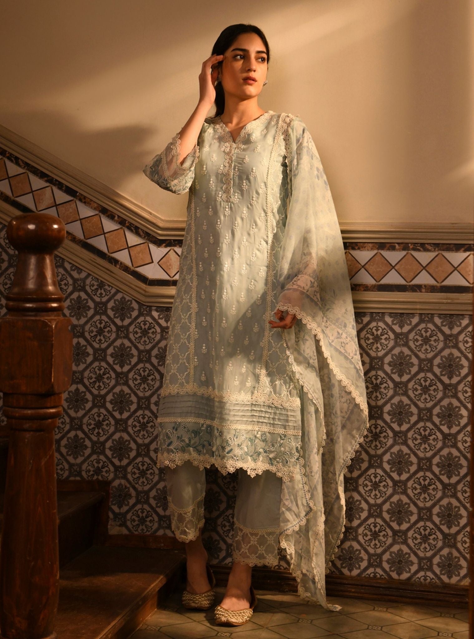 Mulmul Organza Cyra Light Blue Kurta With Mulmul Cotton Cyra Light Blue Pant