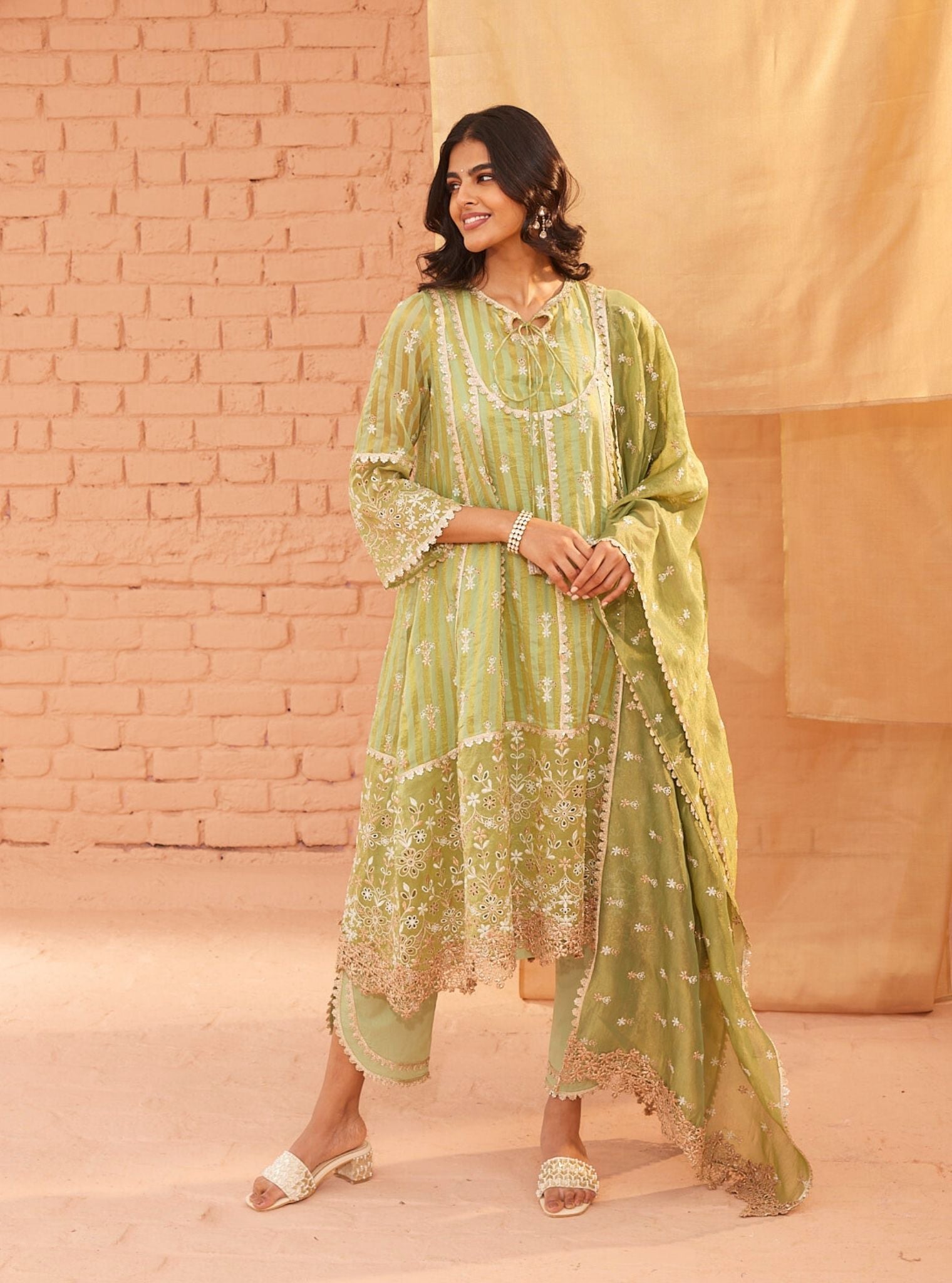 Mulmul Banarsi Bridget Green Anarkali Kurta With Mulmul Cotton Bridget Green Pant