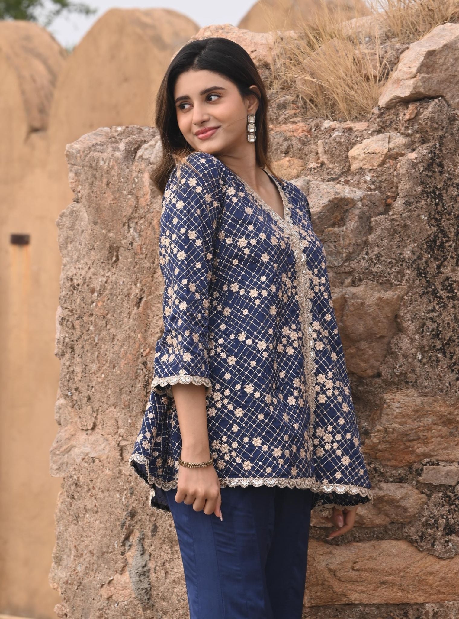 Mulmul Organza Satin Afreen Navy Top with Mulmul Modal Satin Afreen Navy Sharara