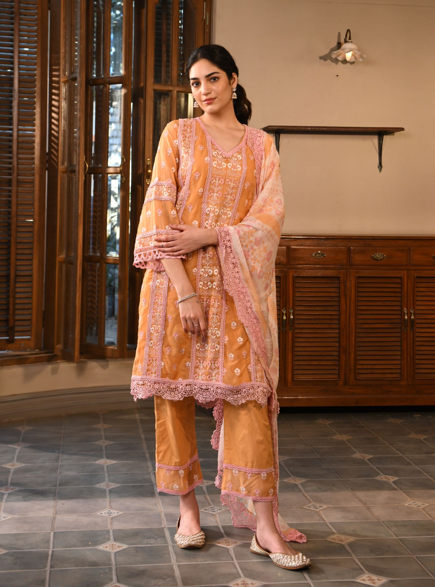 Mulmul Organza Paniz Orange Kurta With Mulmul Cotton Paniz Orange Pant