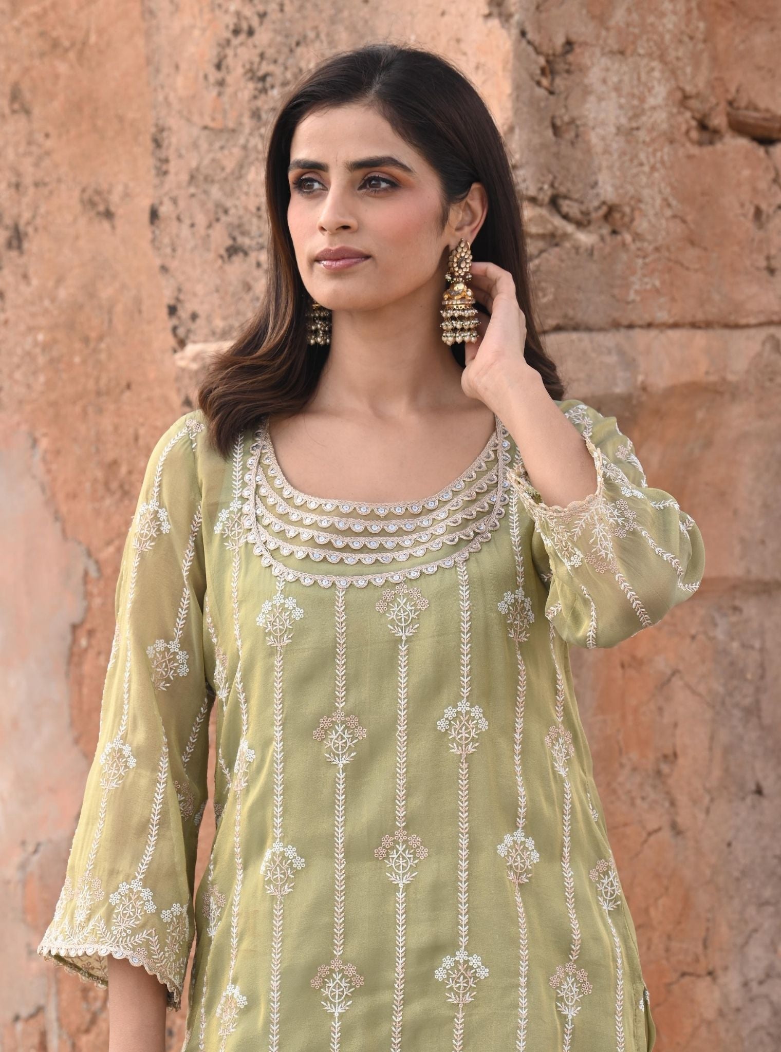 Mulmul Luxe Tissue Heer Sage Green Kurta with Mulmul Organza Satin Heer Sage Green Garara