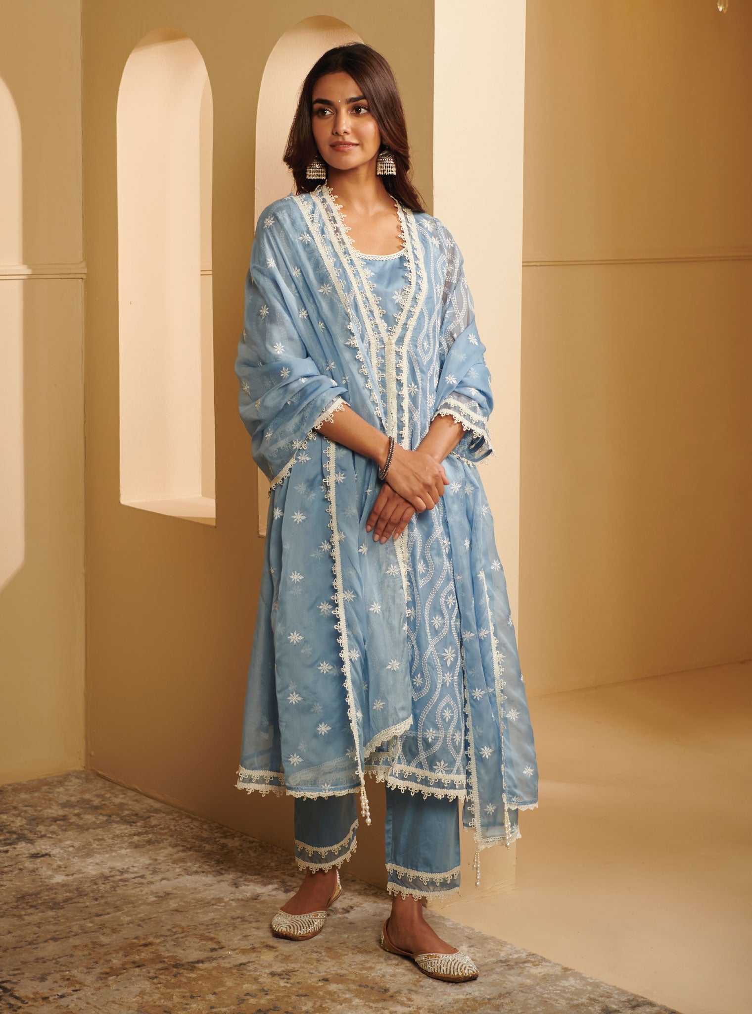 Mulmul Organza Tavisa Blue Kurta With Mulmul Pima Satin Tavisa Blue Pant