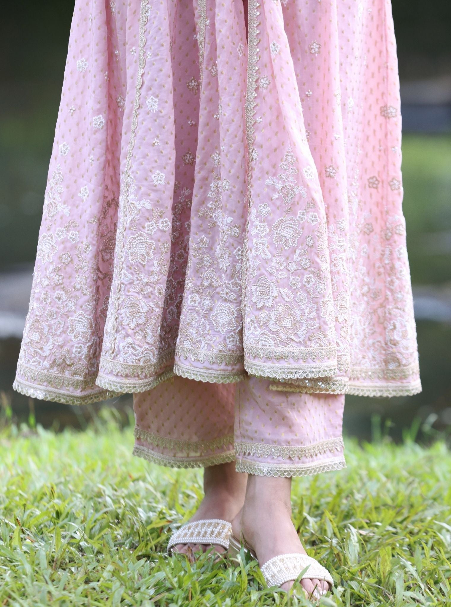 Mulmul Banarsi Rangeela Pink Anarkali Kurta With Mulmul Banarsi Rangeela Pink Pant