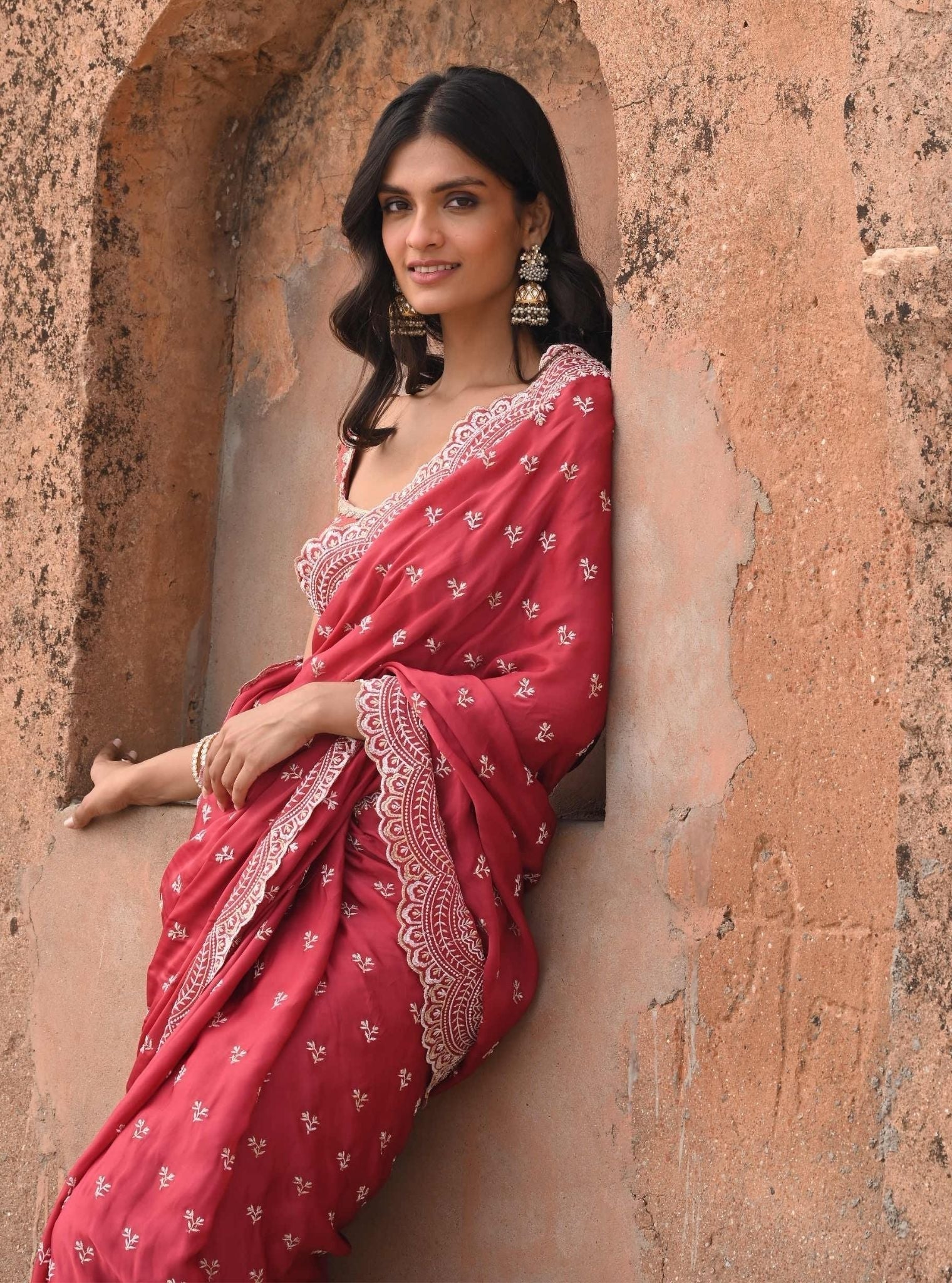 Mulmul Organza Satin Bindiya Red Saree