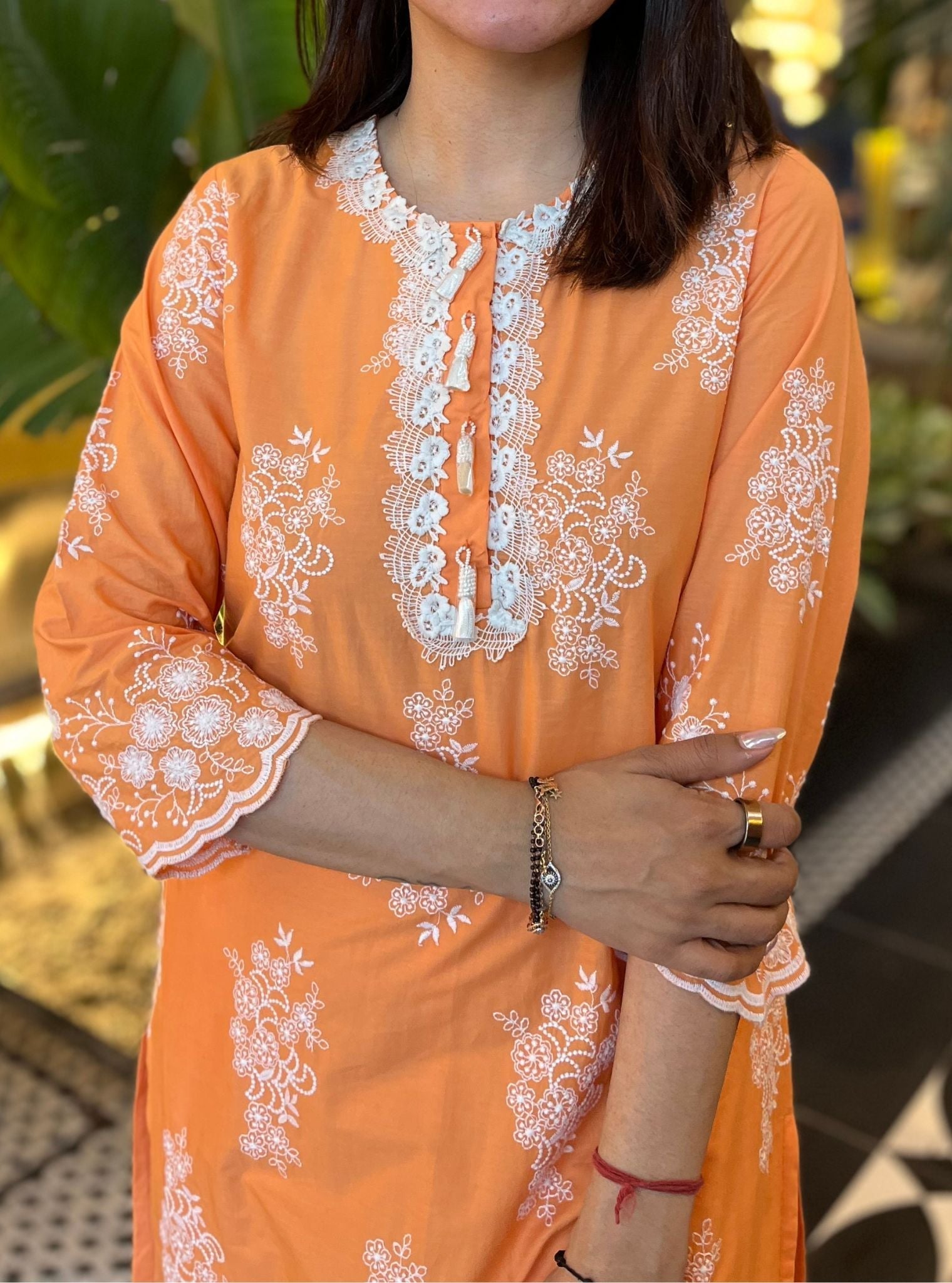 Mulmul Cotton Perla Orange Kurta With Mulmul Cotton Revora White Pant