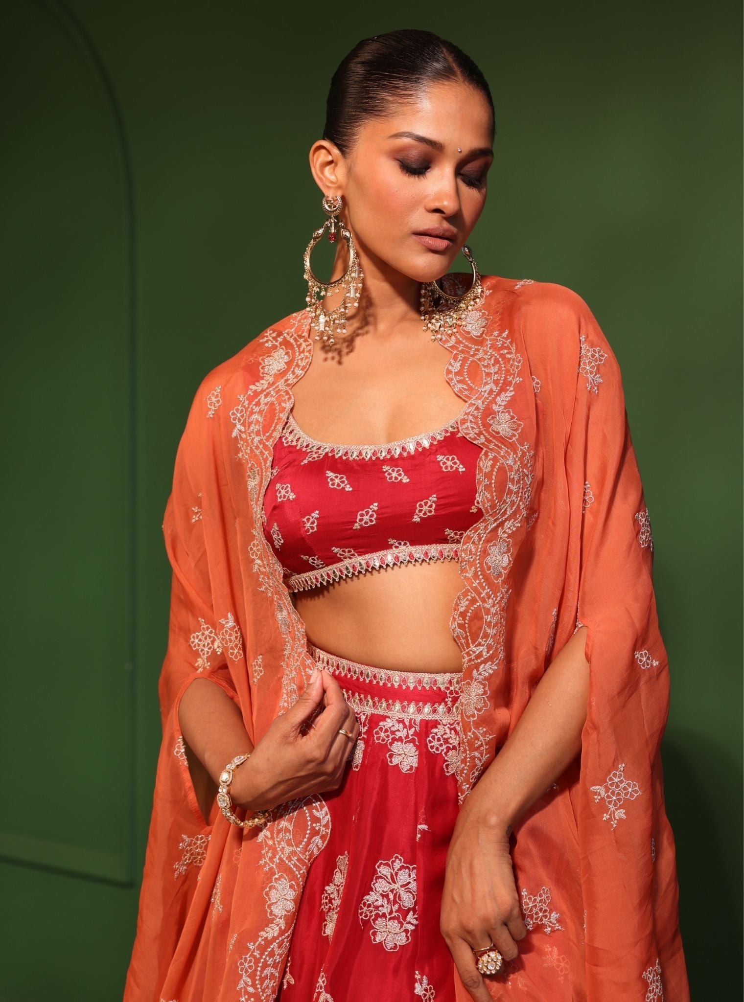 Mulmul Organza Jugnu Red Lehenga