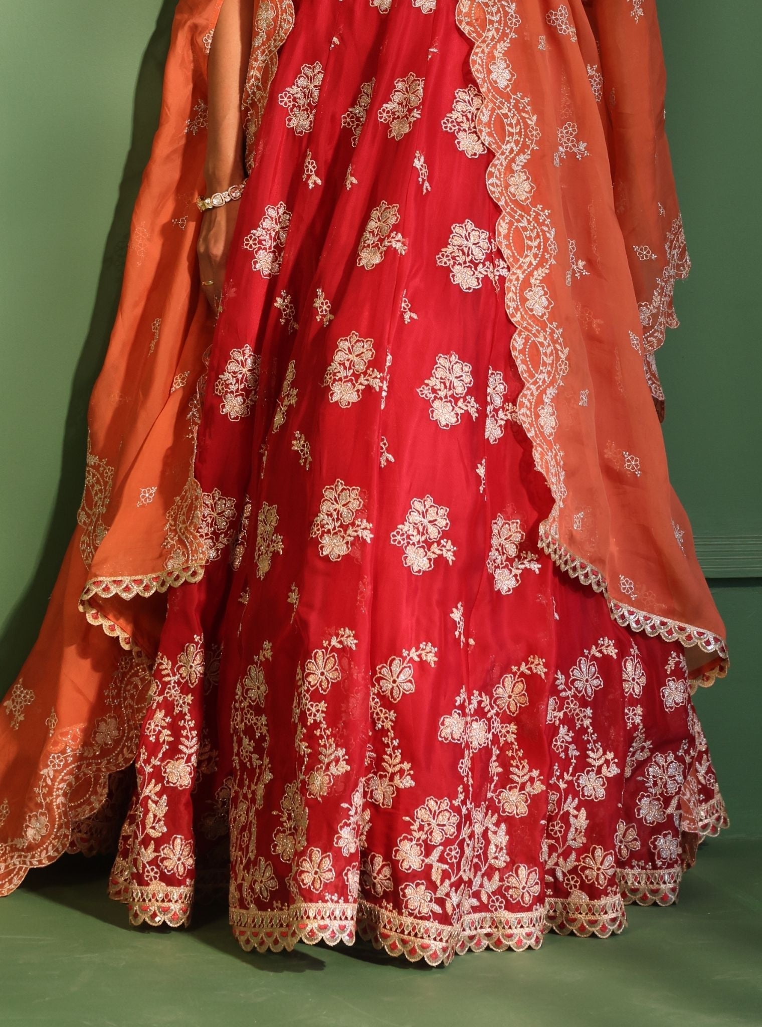 Mulmul Organza Jugnu Red Lehenga