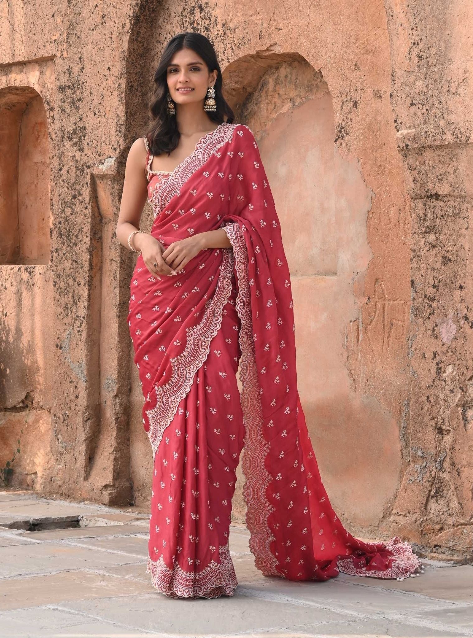 Mulmul Organza Satin Bindiya Red Saree