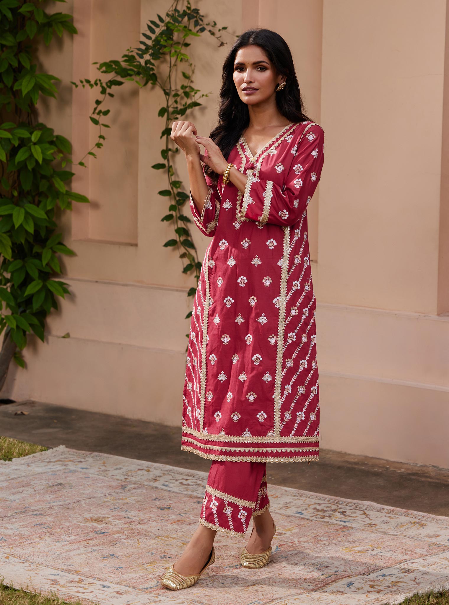 Mulmul Cotton Titli Red Kurta with Mulmul Cotton Titli Red Pant