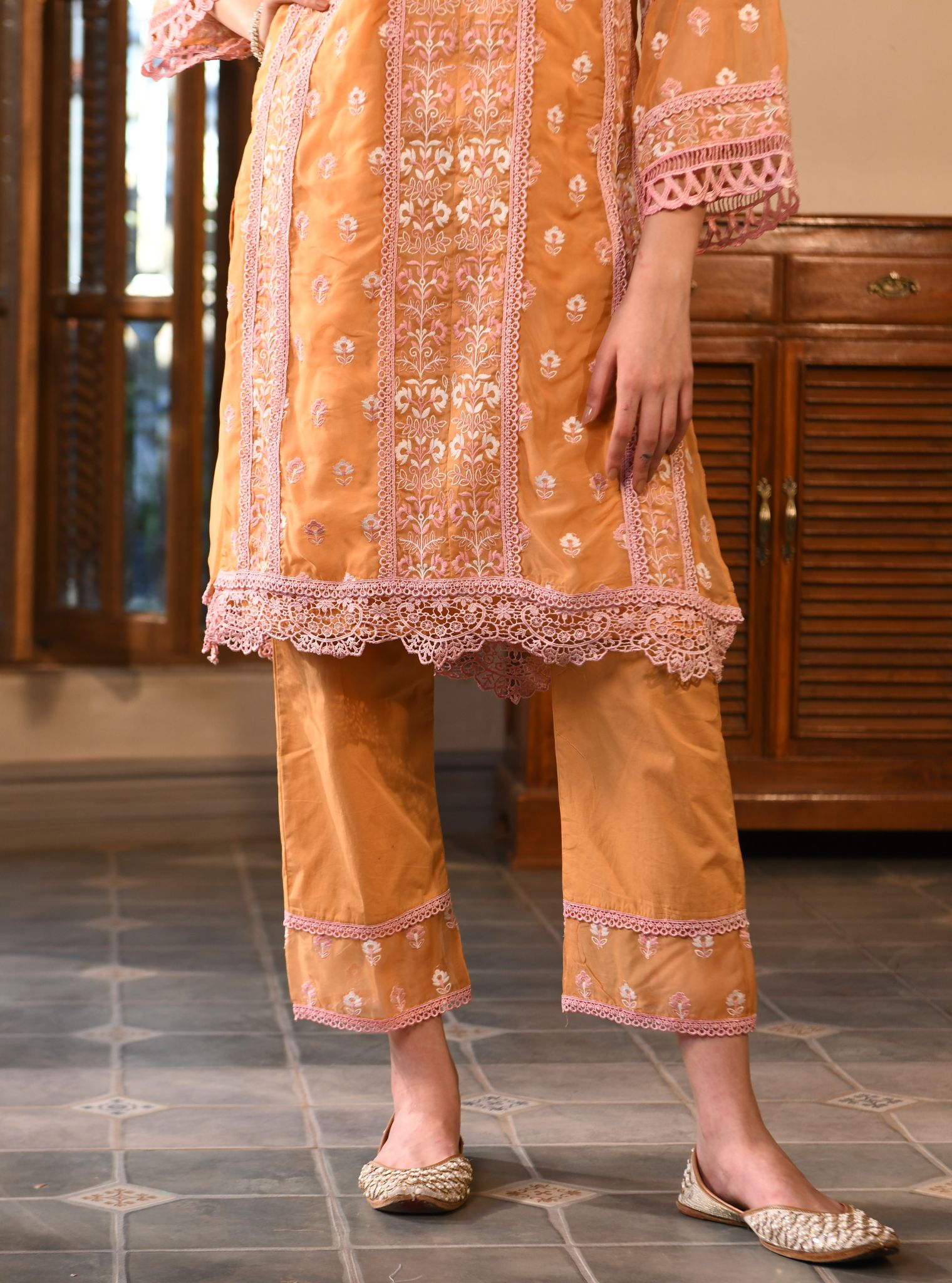 Mulmul Organza Paniz Orange Kurta With Mulmul Cotton Paniz Orange Pant