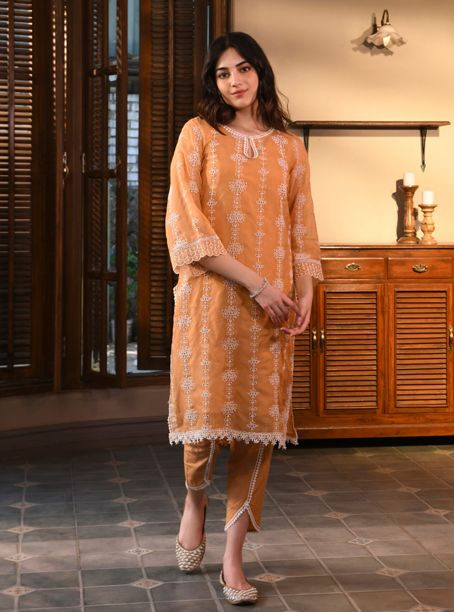 Mulmul Organza Nisrina Orange Kurta With Mulmul Cotton Nisrina Orange Pant