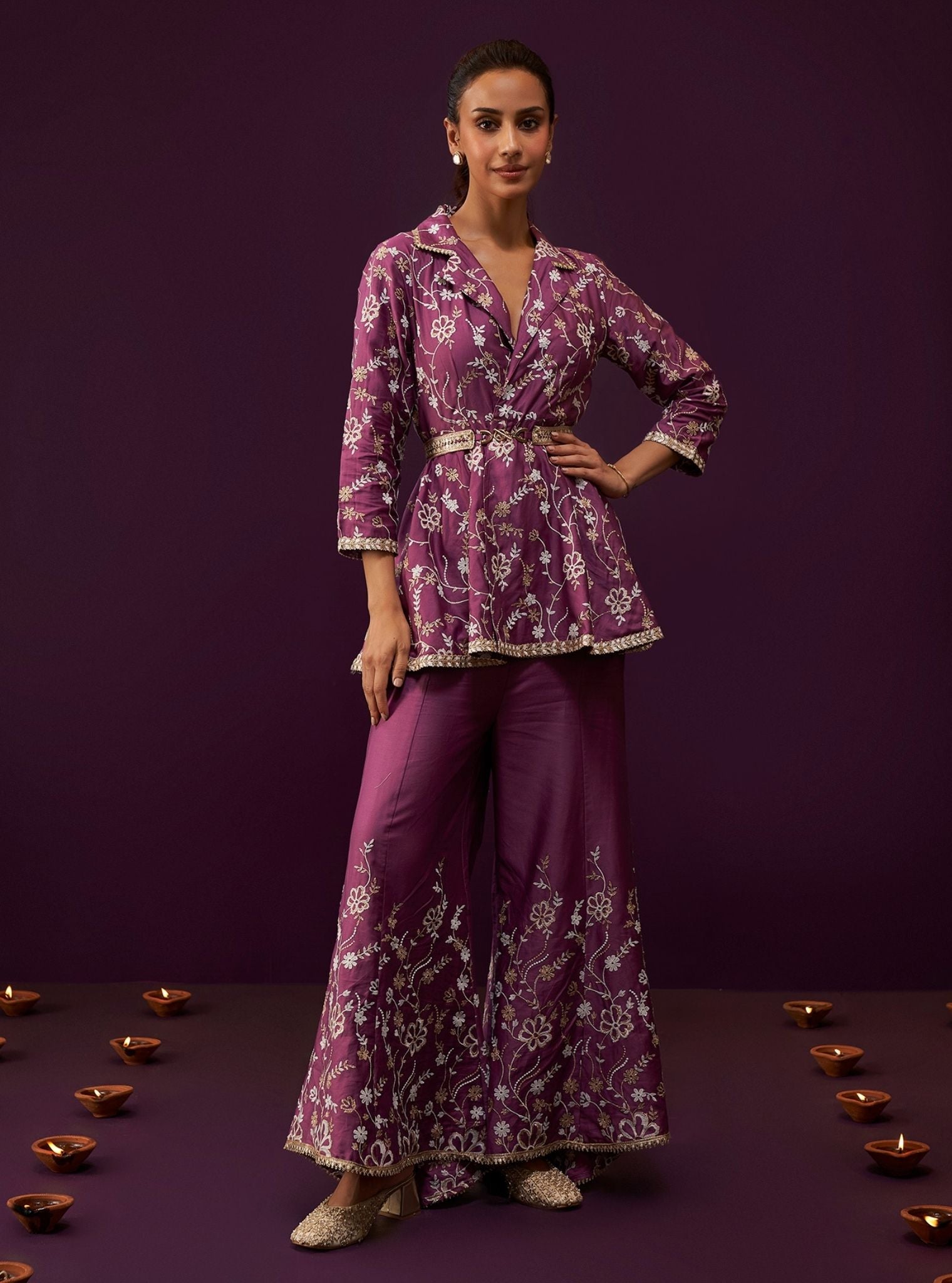 Mulmul Pima Satin Preeda Purple Top With Mulmul Pima Satin Preeda Purple Pant