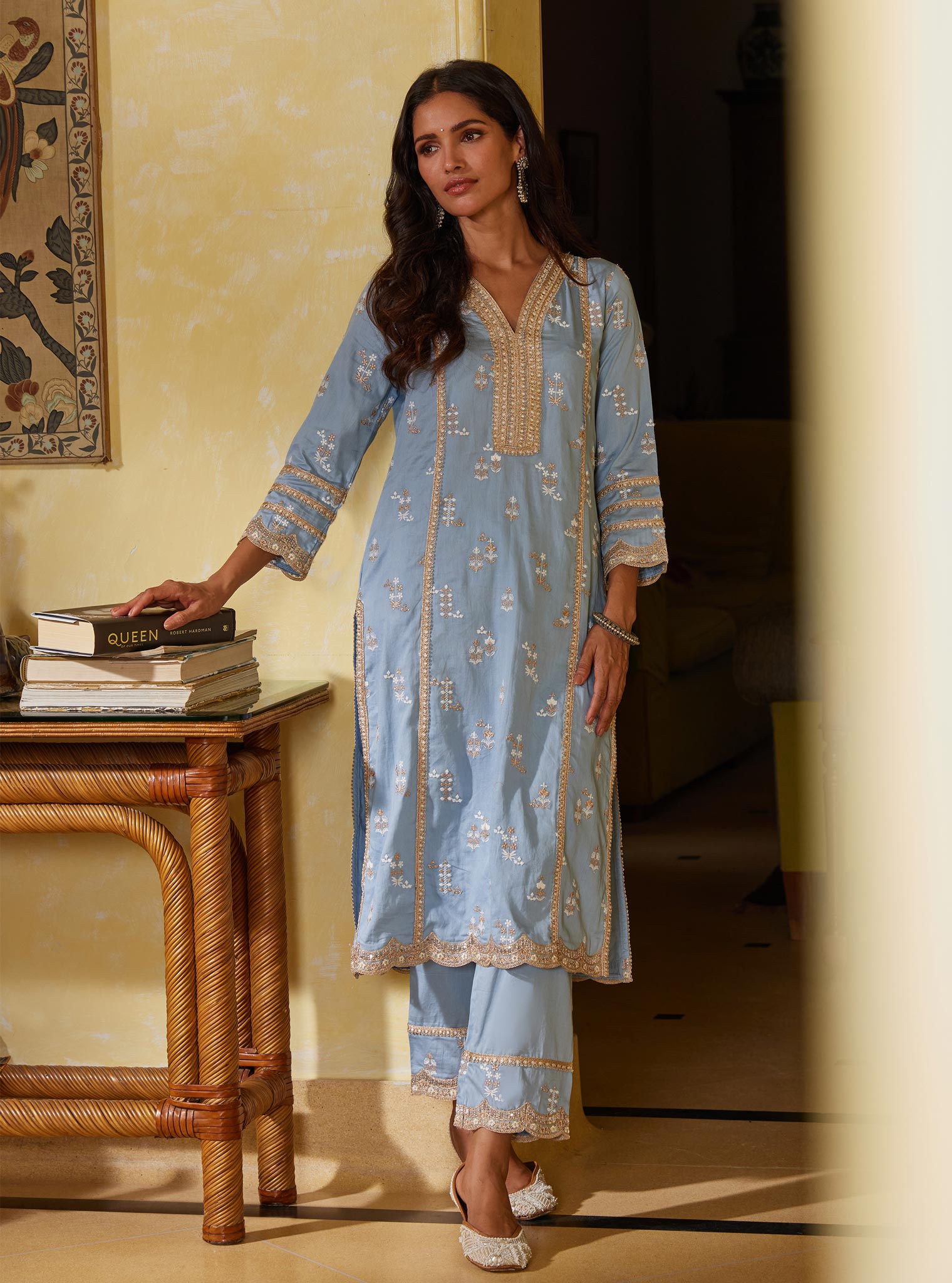 Mulmul Pima Nimisa Blue Kurta With Mulmul Nimisa Blue Pant