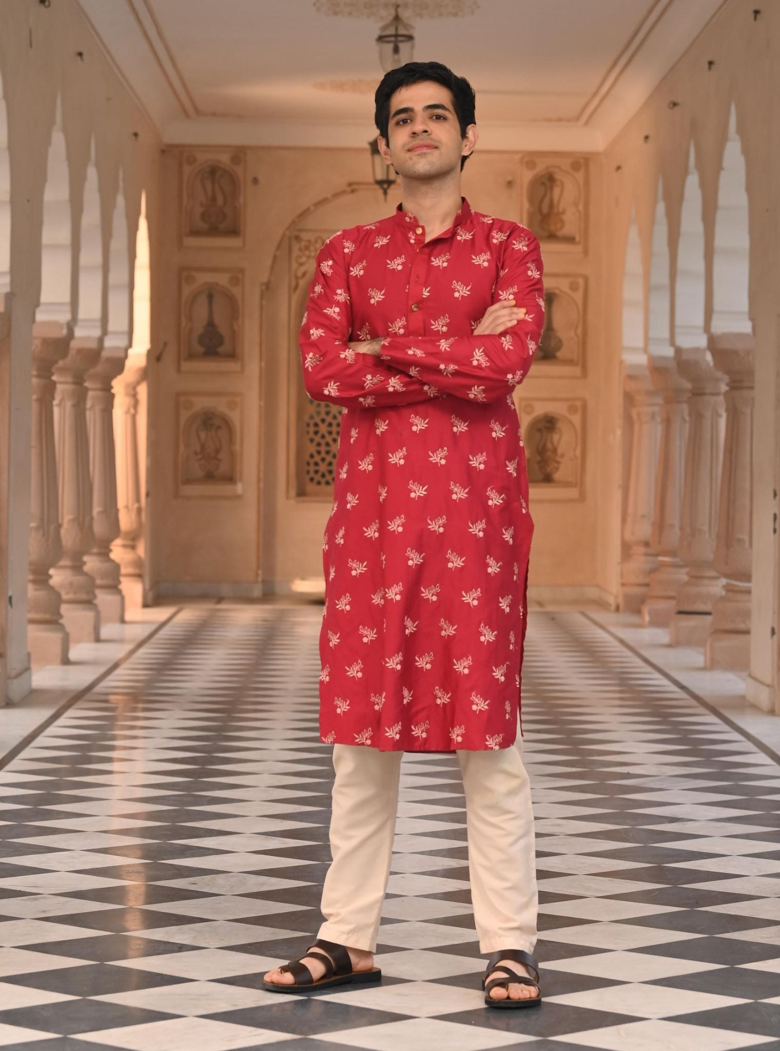 Mulmul Pima Satin Ranjha Red Men Kurta with Mulmul Pima Satin Shava Off White Pyajama