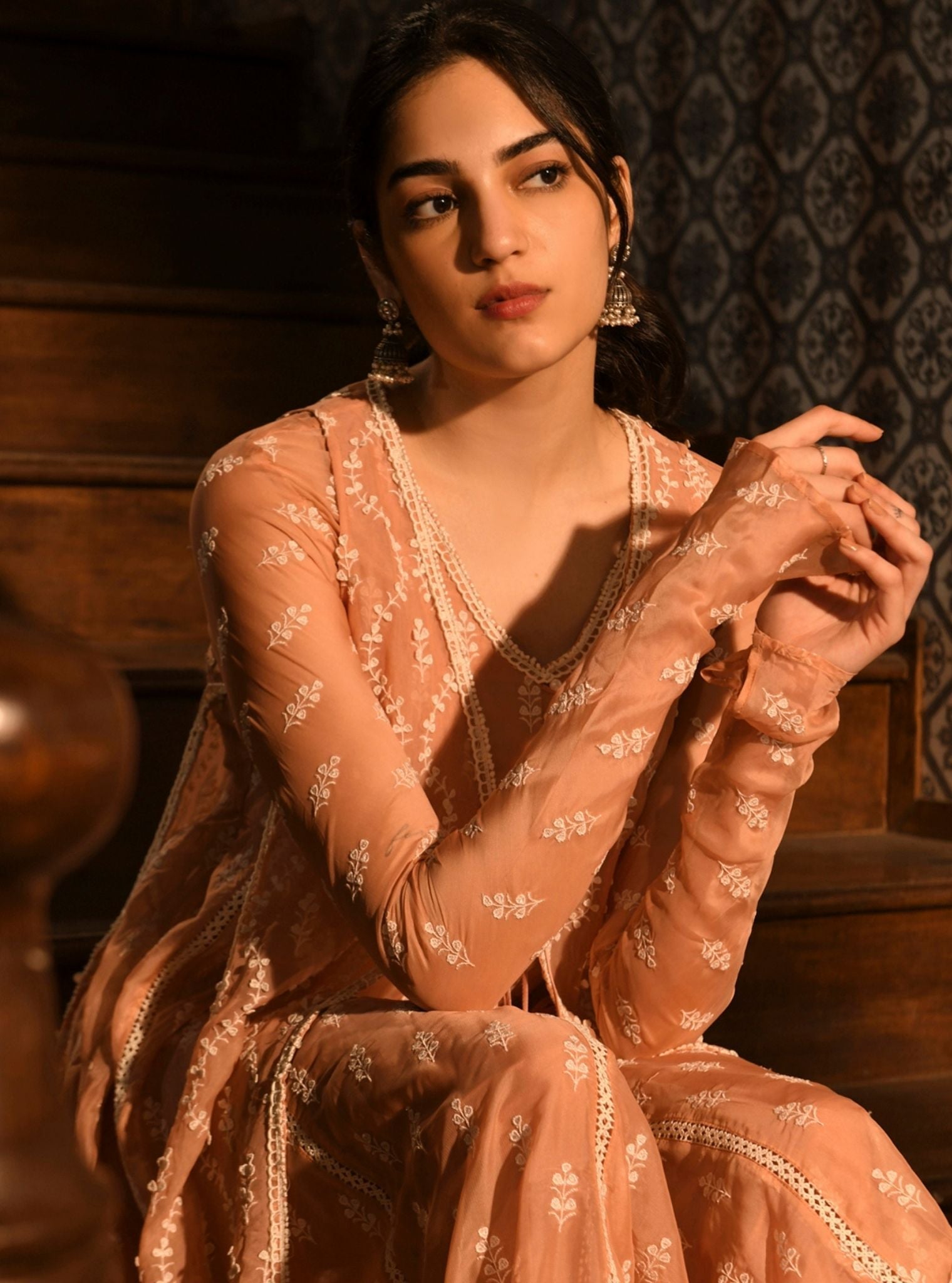 Mulmul Organza Kira Peach Anarkali Kurta With Mulmul Cotton Kira Peach Pant