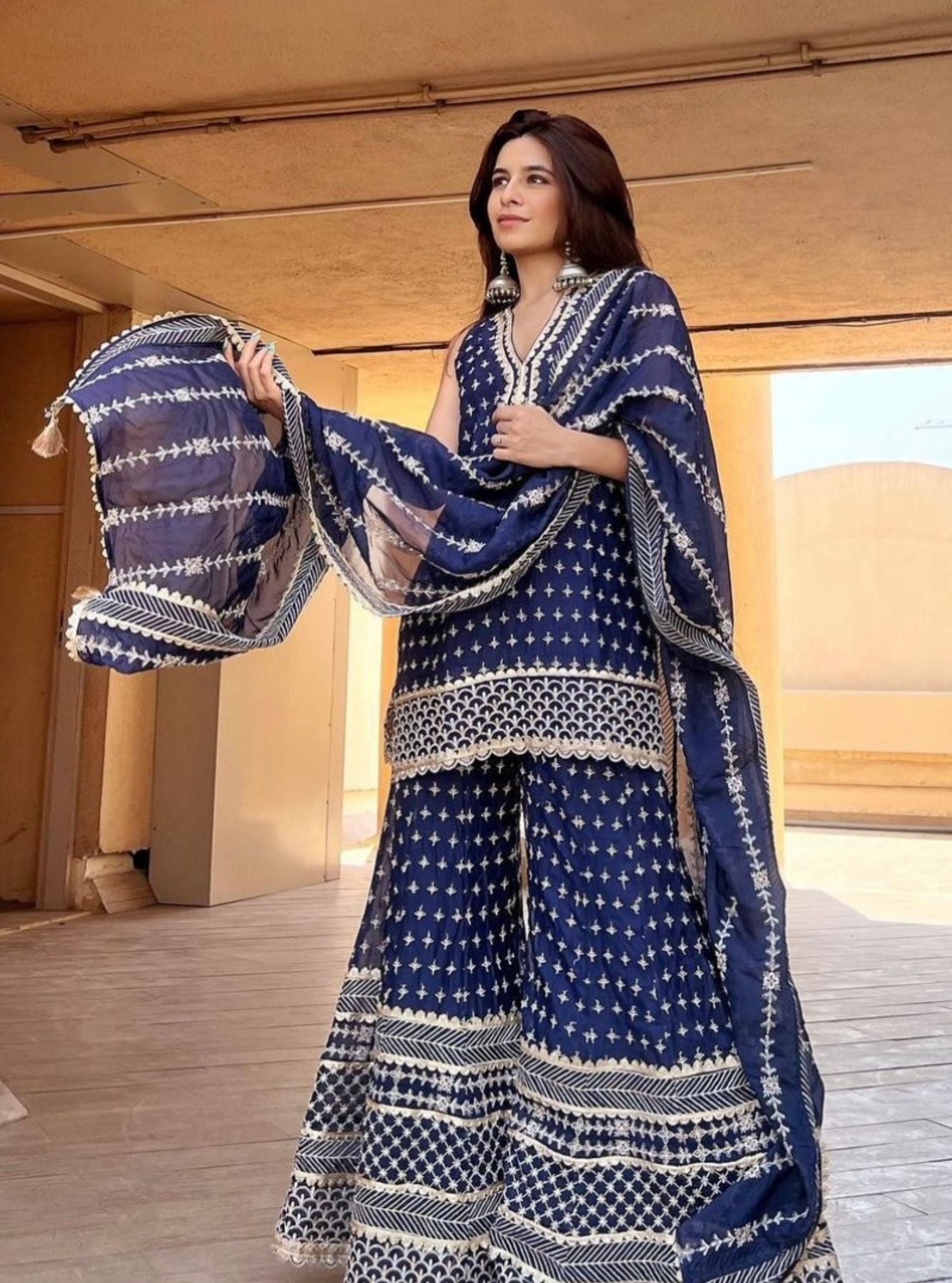 Mulmul Organza Sangli Navy Kurta With Mulmul Organza Sangli Navy Sharara