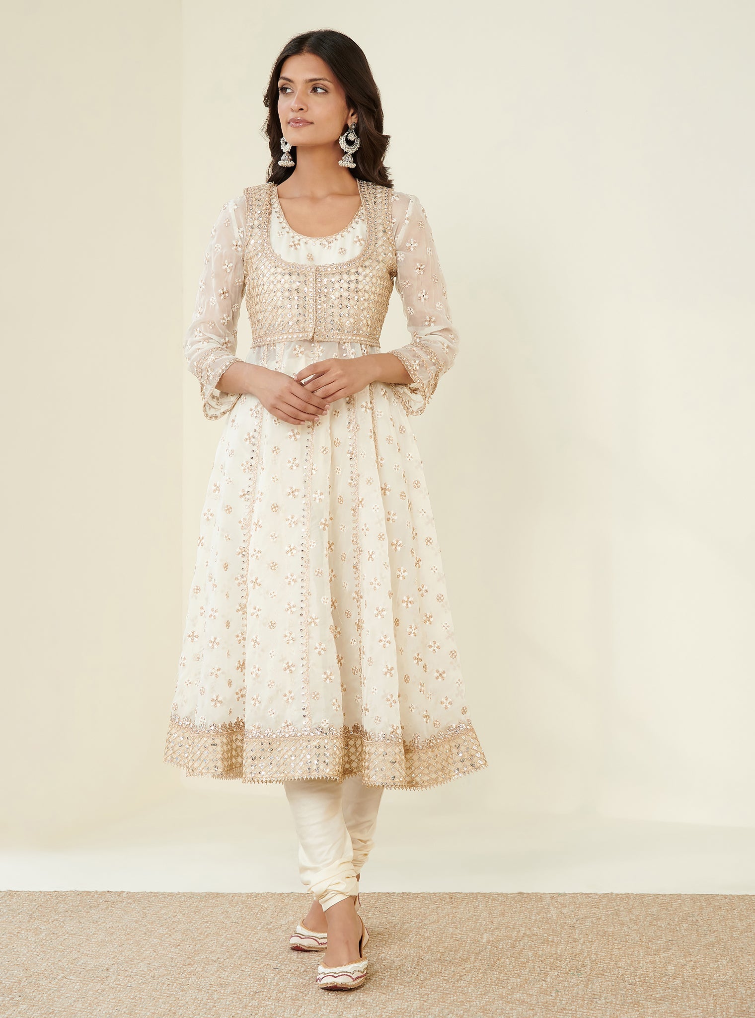 Mulmul Organza Malang Anarkali Off White Kurta With Jacket With Mulmul Pima Malang Off White Churidar Pant