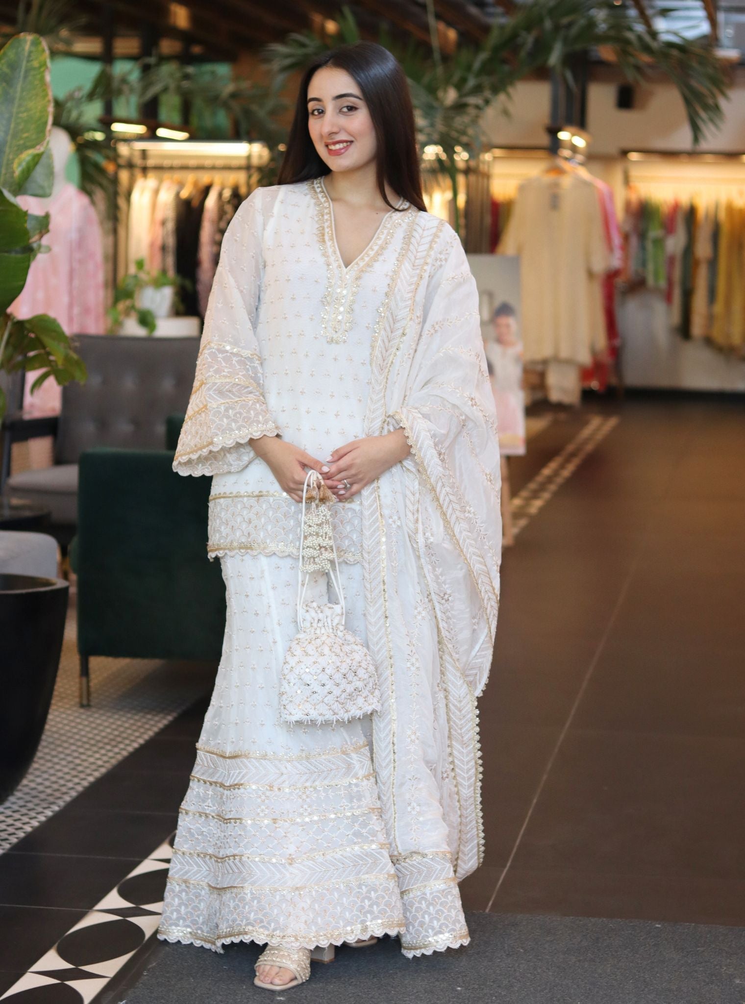 Mulmul Organza Sangli Off White Kurta with Sleeve With Mulmul Organza Sangli Off White Sharara