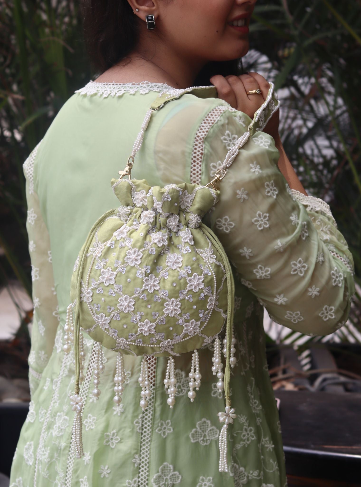 Mulmul Ruhani Lime Green Potli Bag