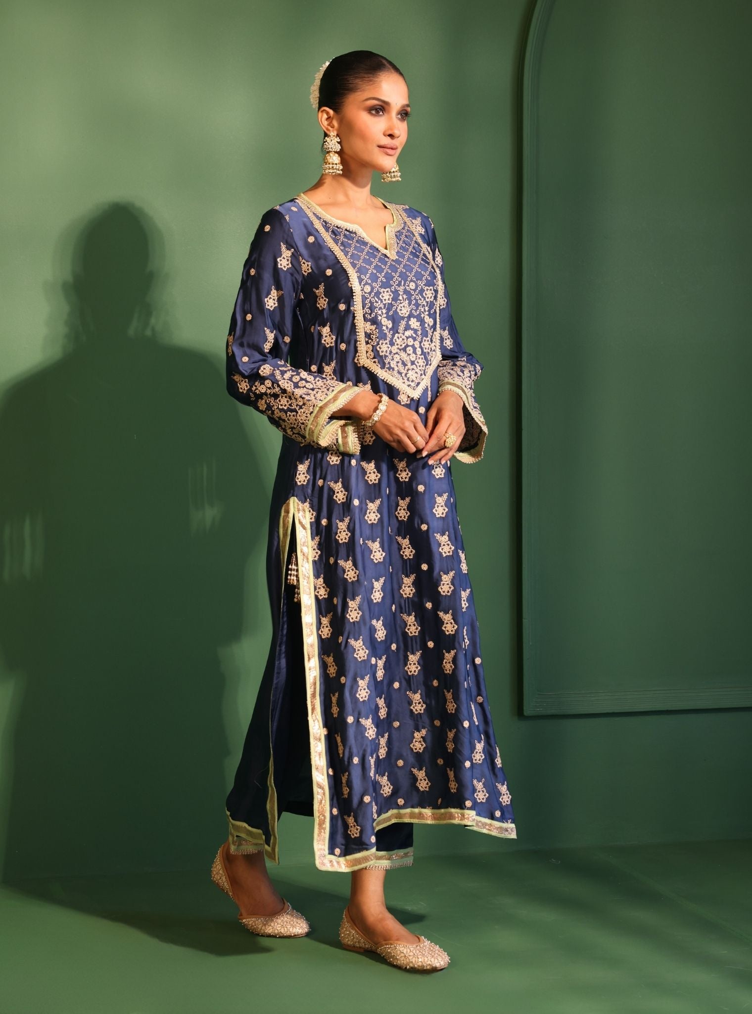 Mulmul Cupro Satin Nazakat Navy kurta With Mulmul Cupro Satin Nazakat Navy Pant