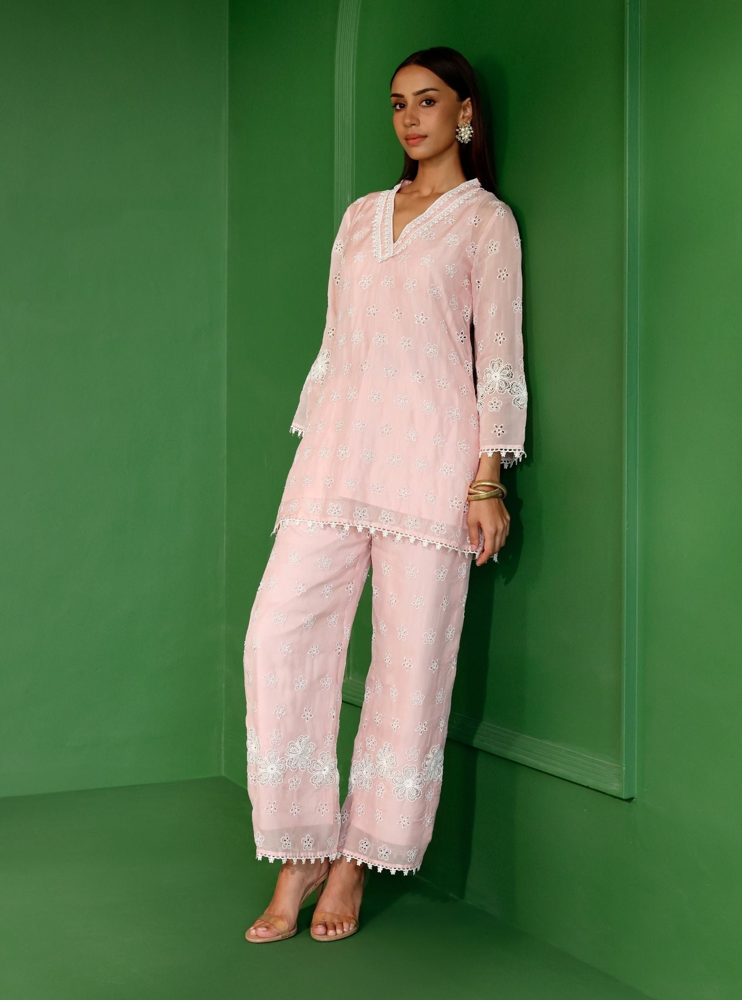 Mulmul Organza Audley Pink Top With Mulmul Organza Audley Pink Pant